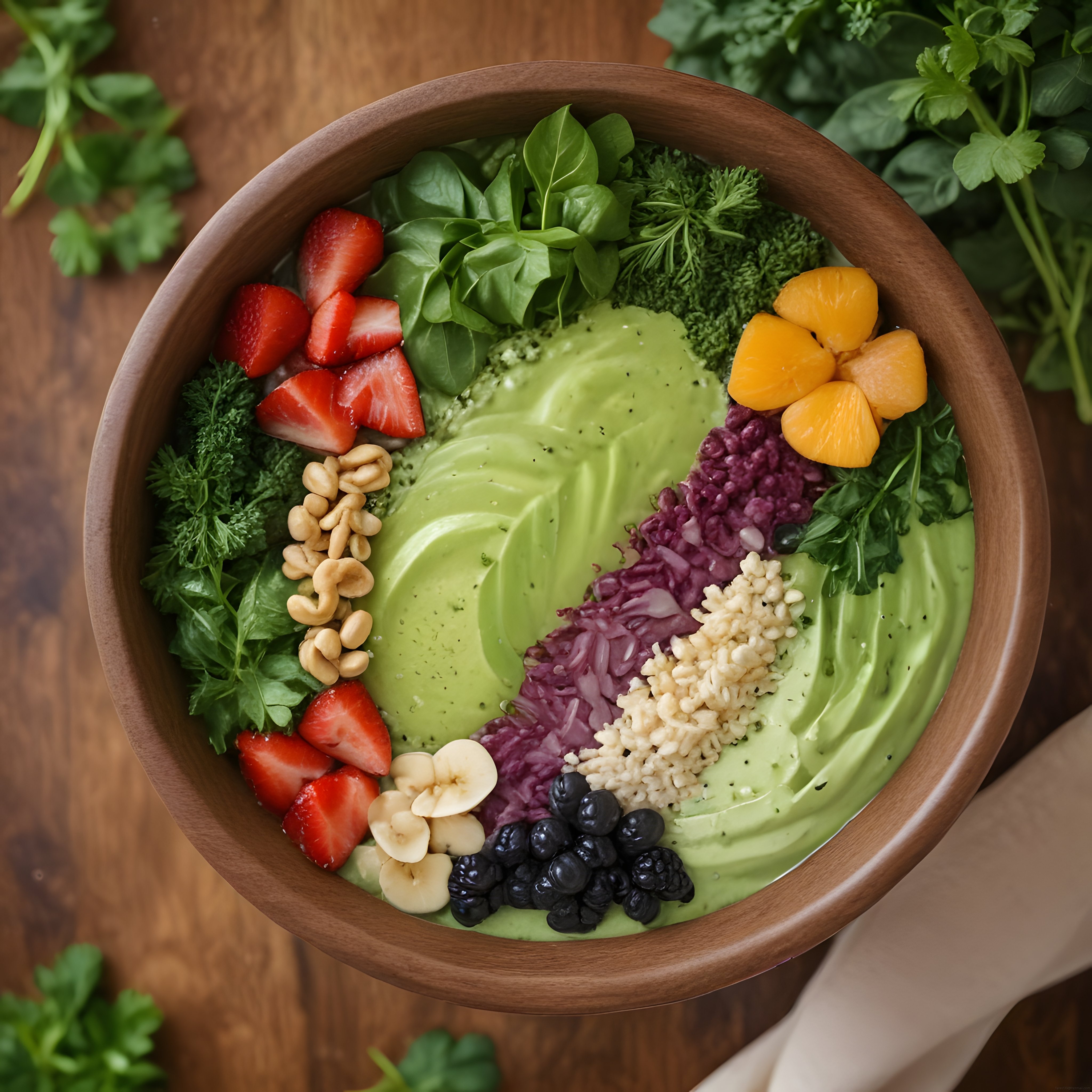 Ahşap kasede avokadolu ve taze meyveli sağlıklı smoothie bowl sunumu