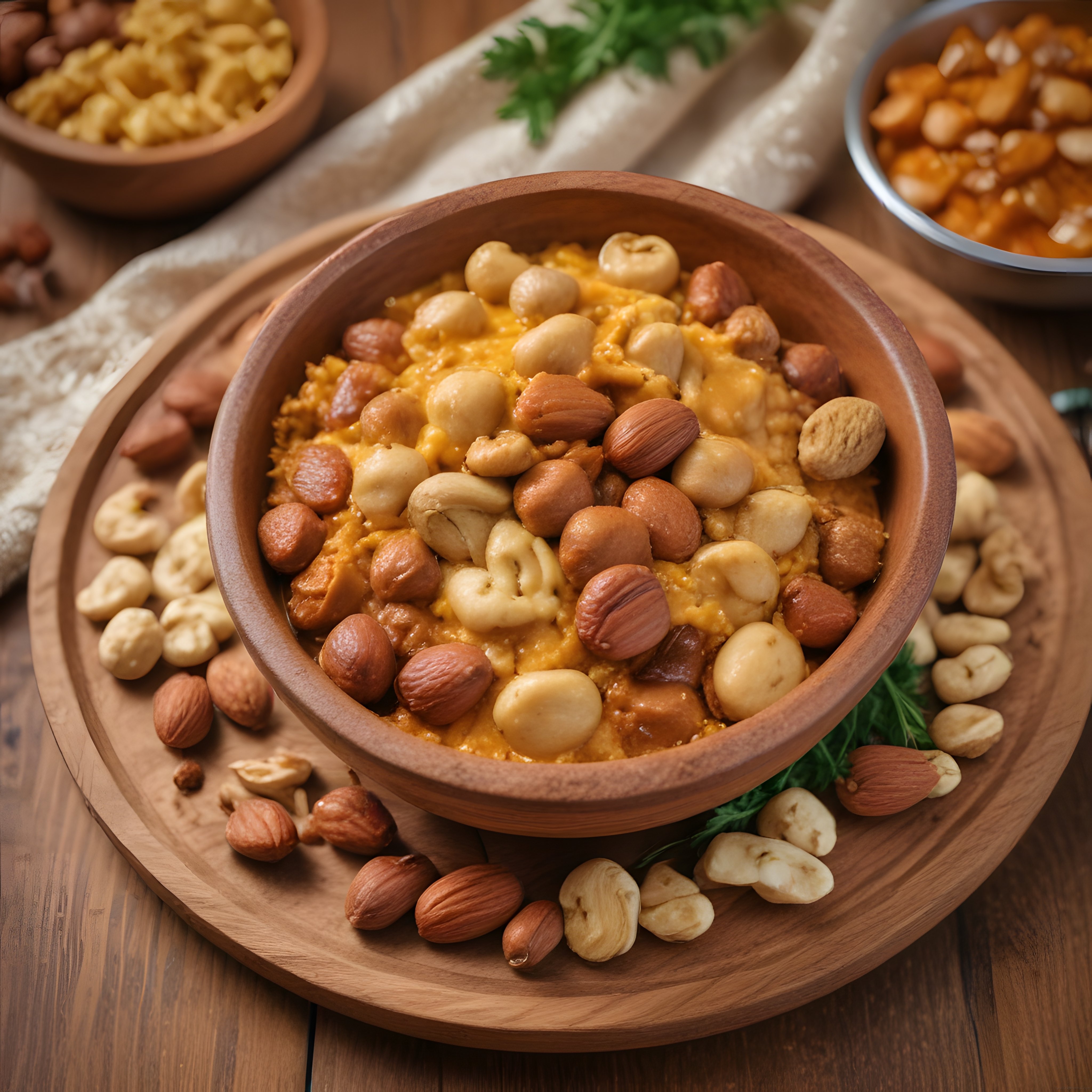 Ahşap kasede badem fındık ve kaju ile süslenmiş proteinli kahvaltı kasesi