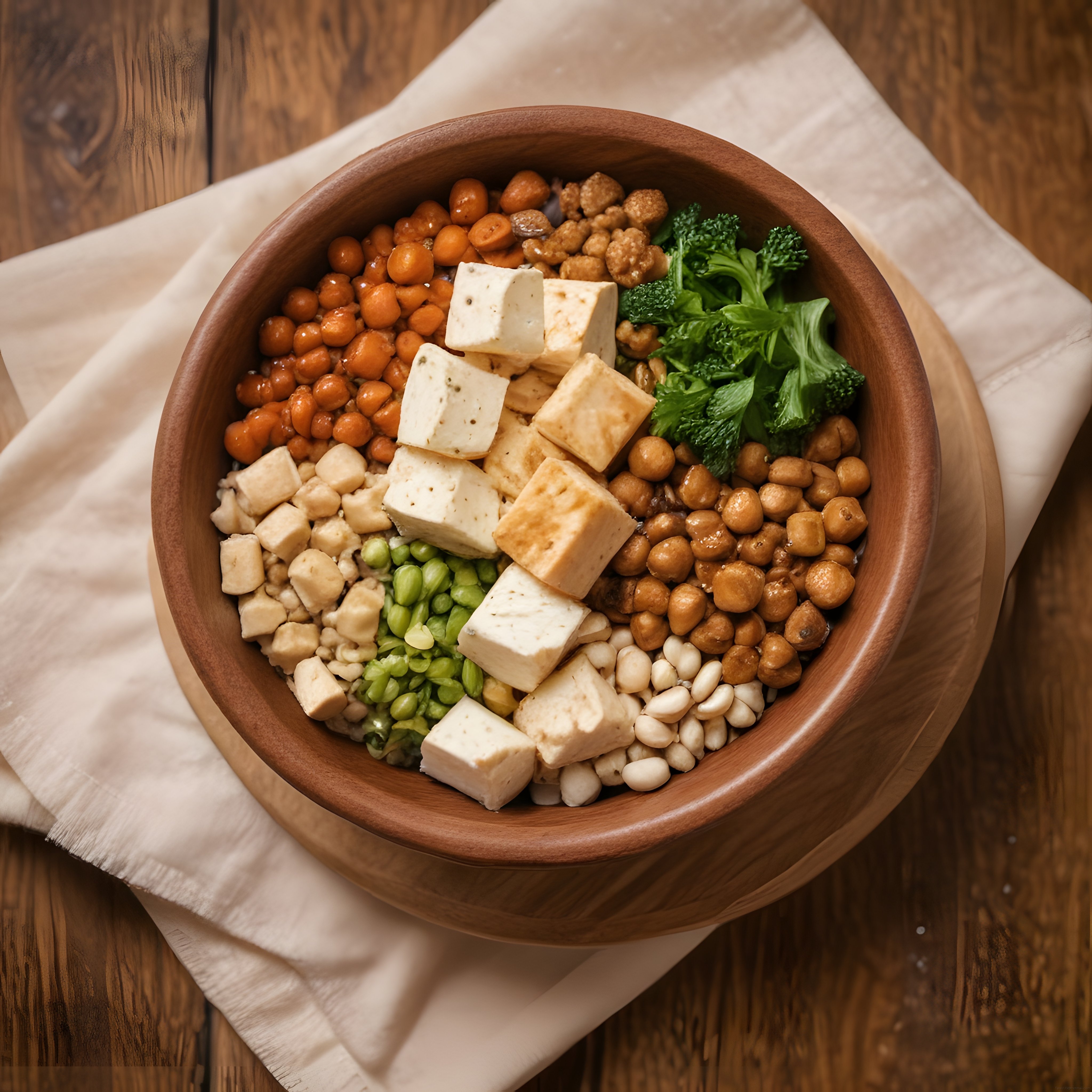 Ahşap Kasede Bakliyatlı ve Tofulu Besleyici Vegan Öğün Kasesi