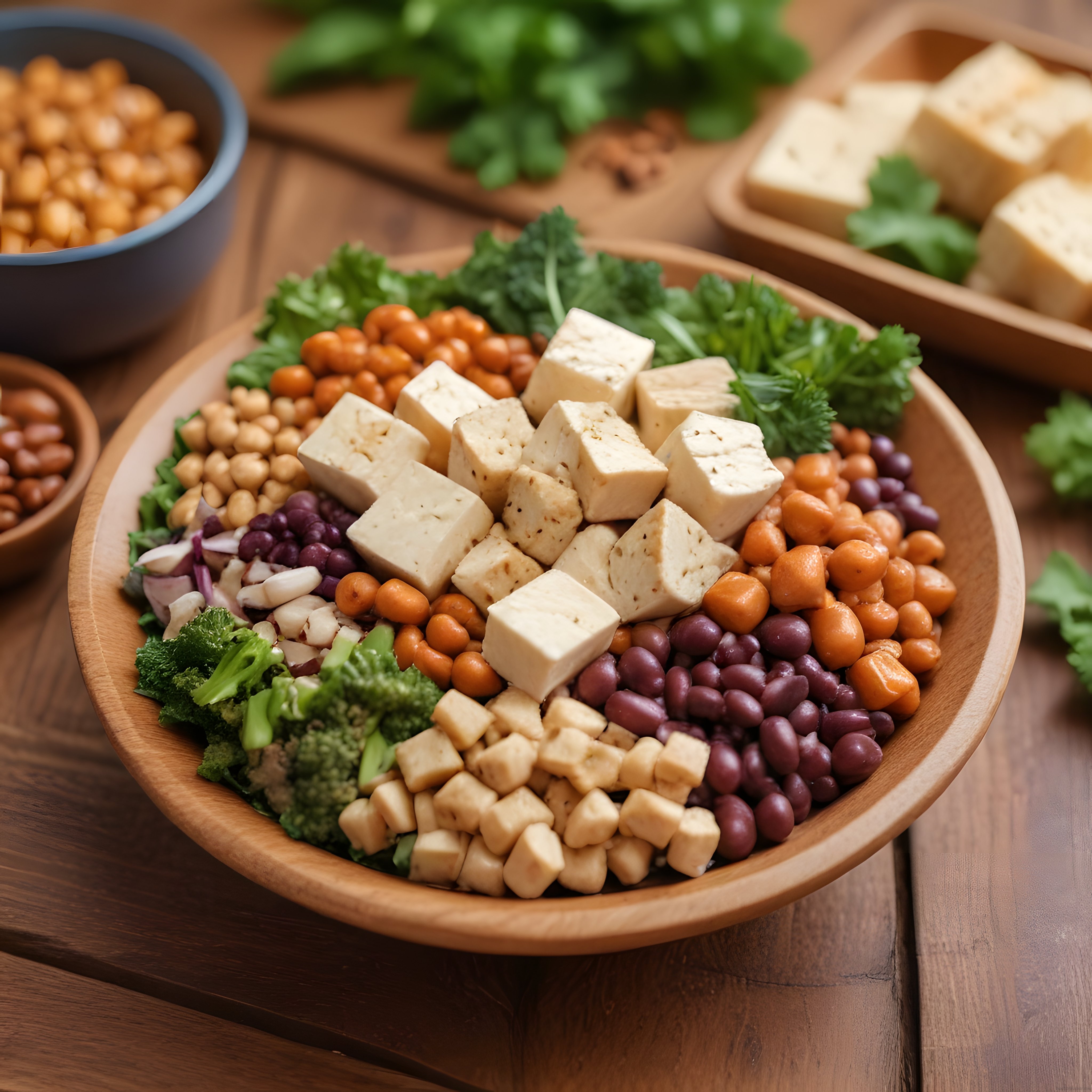 Ahşap Kasede Besleyici Protein Bowl: Tofu, Brokoli ve Renkli Baklagiller