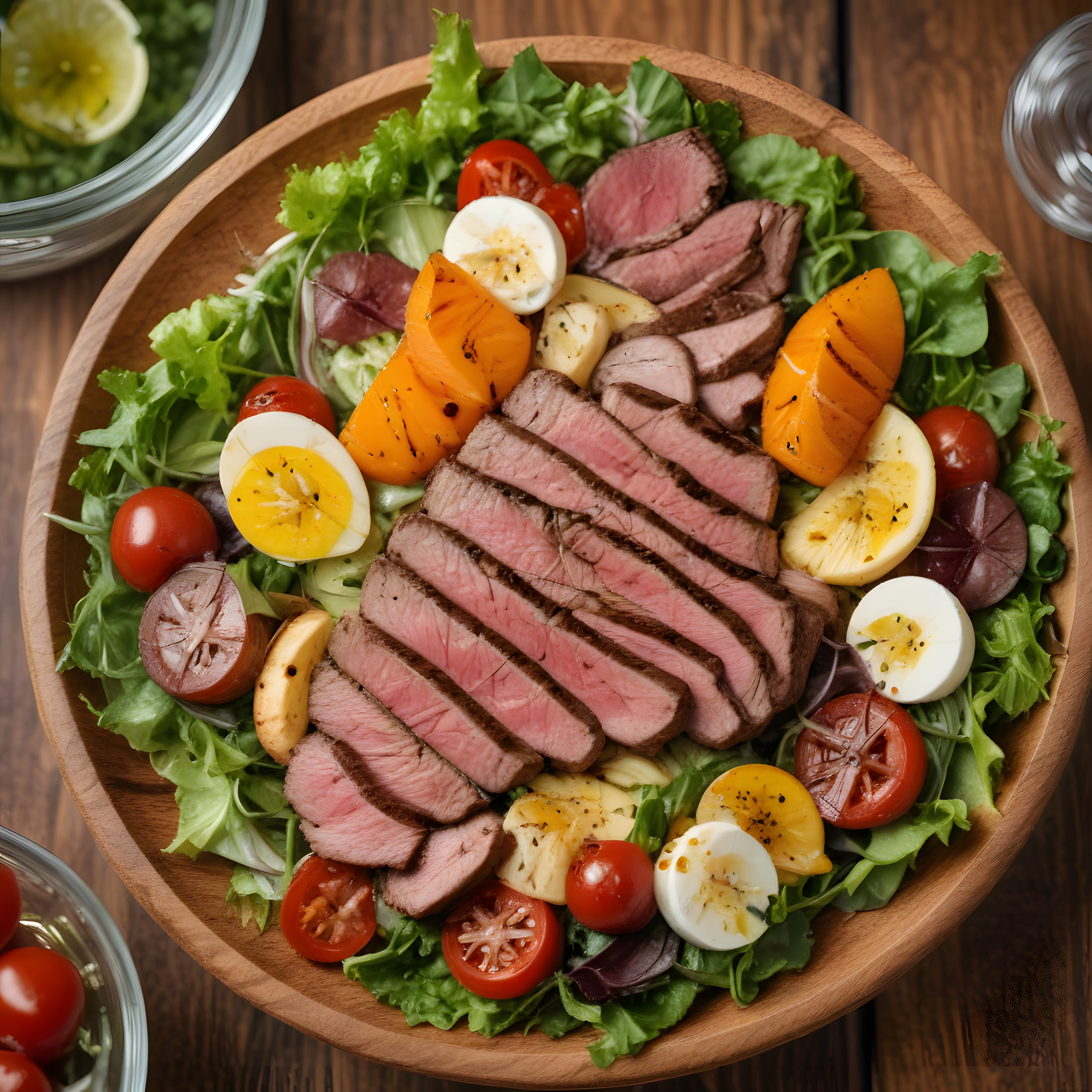 Ahşap Kasede Biftekli Yumurtalı Izgara Sebzeli Protein Salatası