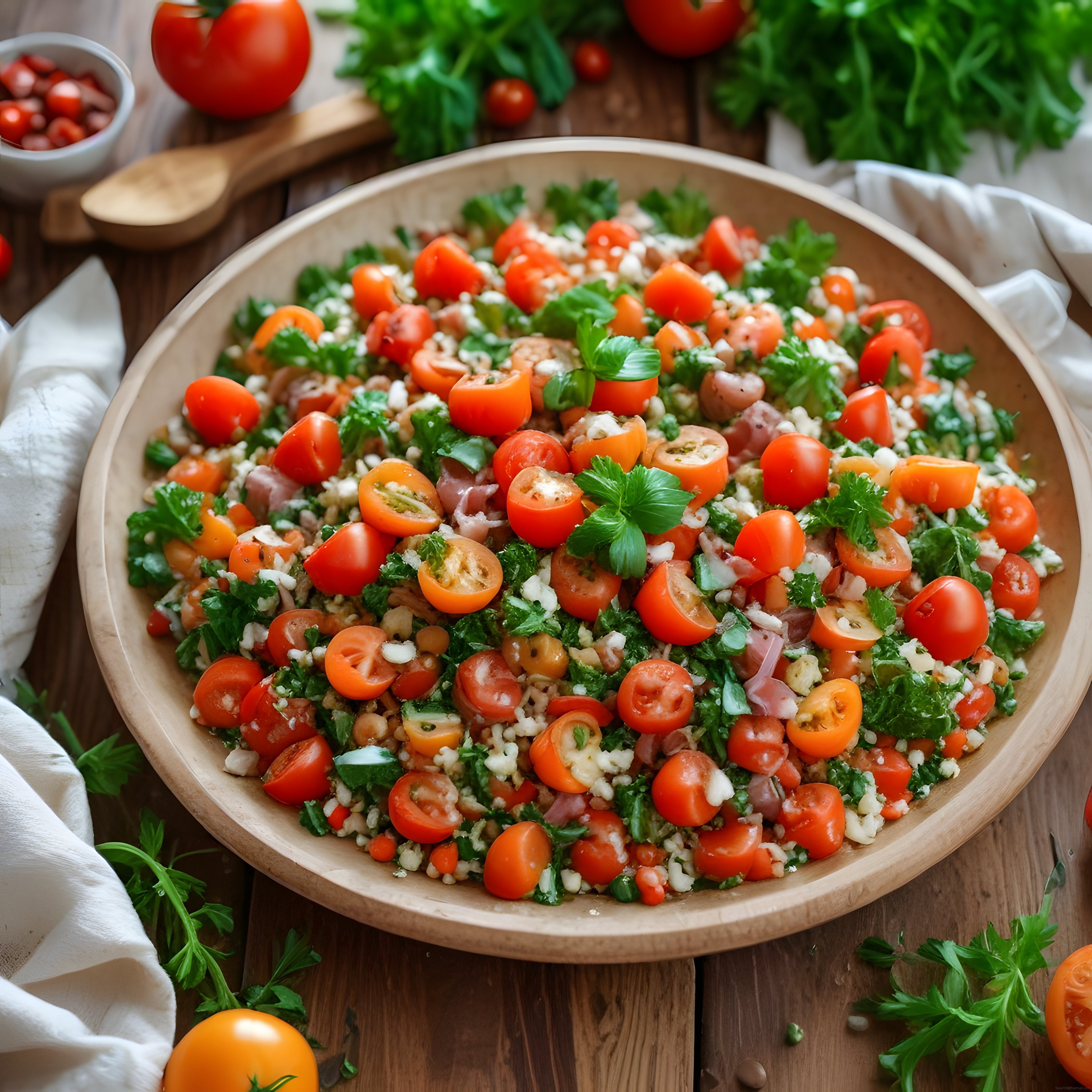 Ahşap Kasede Bulgurlu, Beyaz Peynirli ve Taze Otlu Domates Salatası