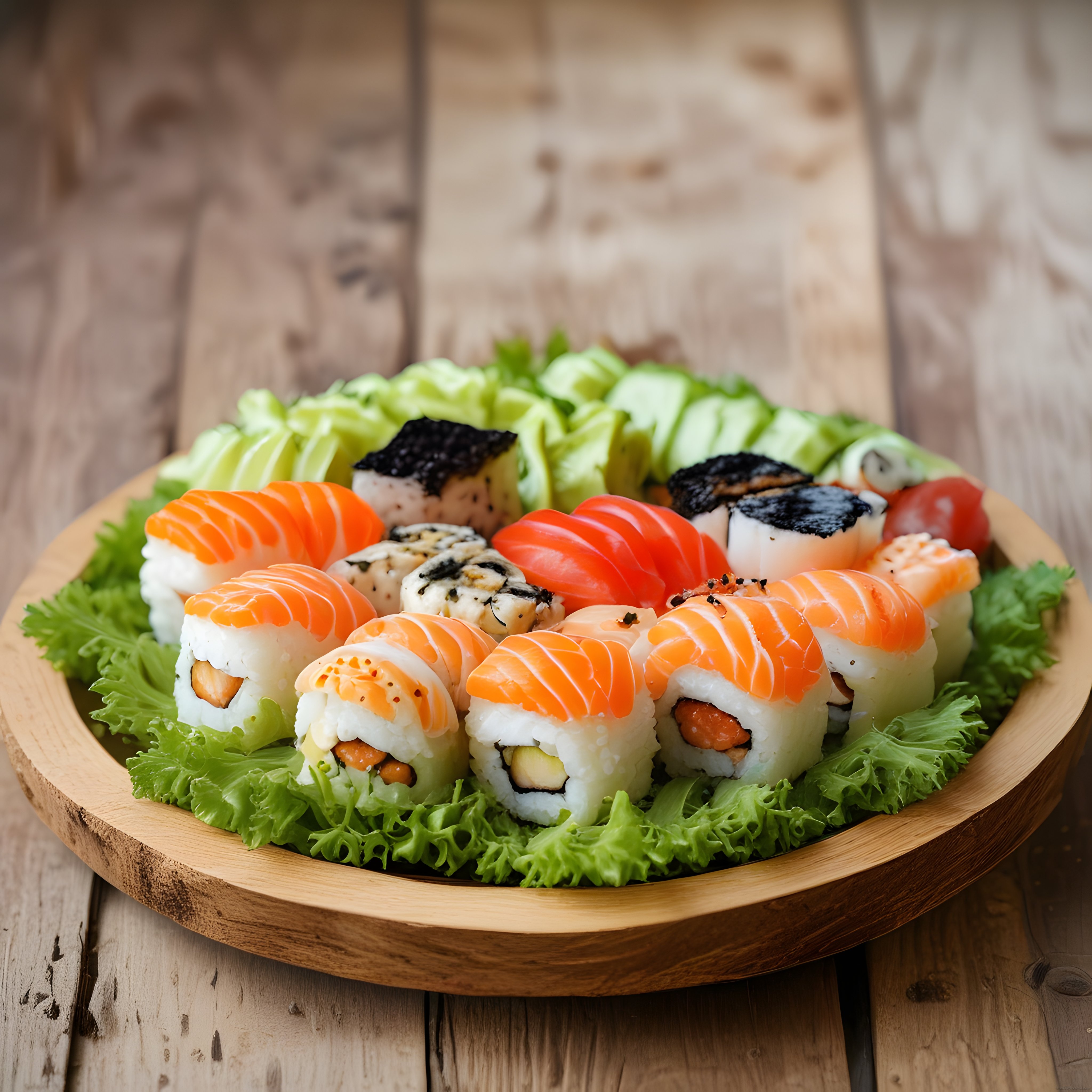 Ahşap kasede çeşitli sushi ruloları, sashimi ve taze yeşilliklerle zengin sunum