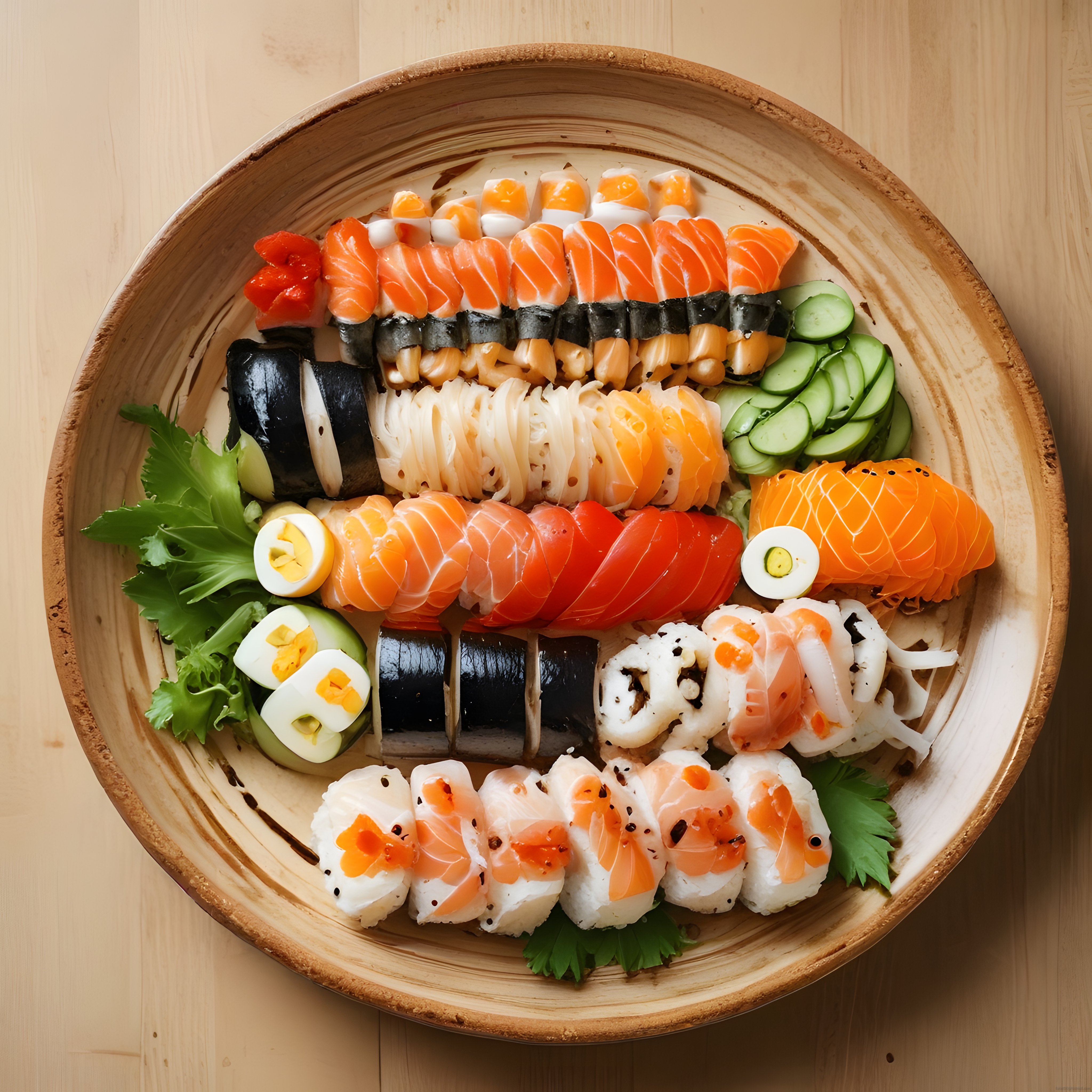 Ahşap Kasede Çeşitli Sushi Ruloları ve Sashimi ile Japon Mutfağı Sunumu