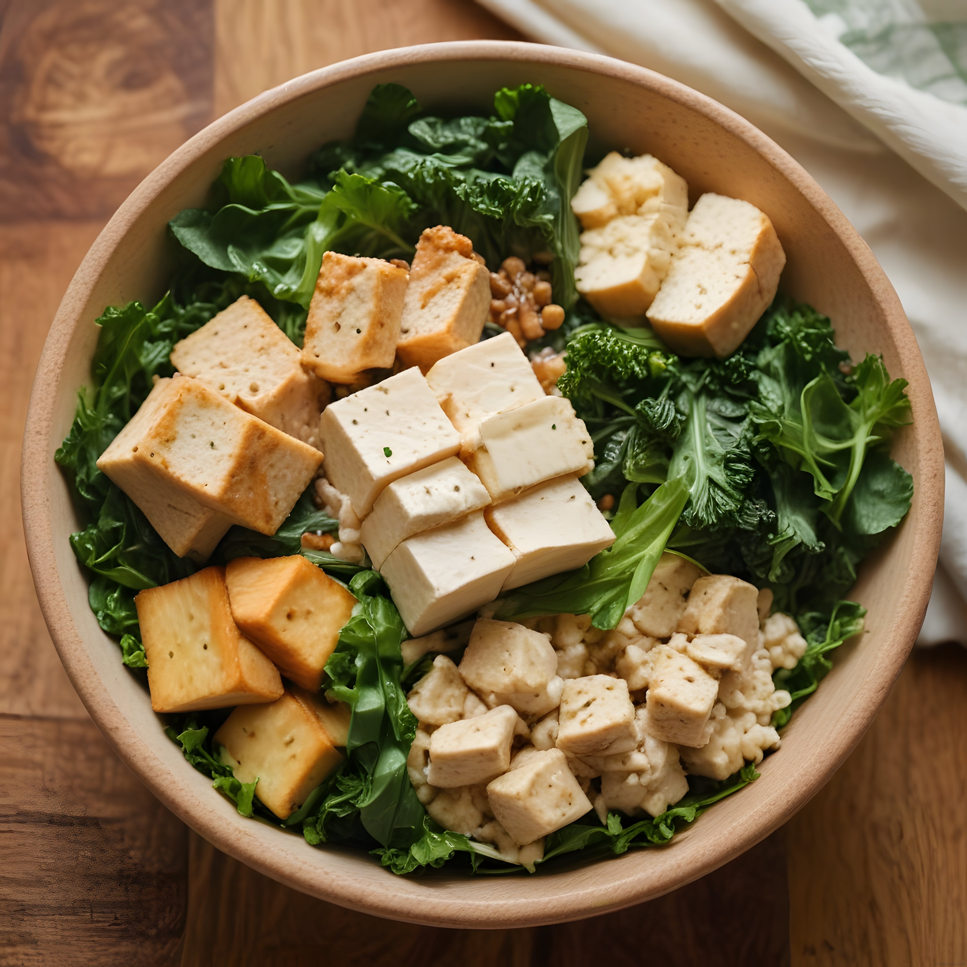 Ahşap Kasede Çeşitli Tofu ve Yeşilliklerle Hazırlanan Besleyici Vegan Bowl