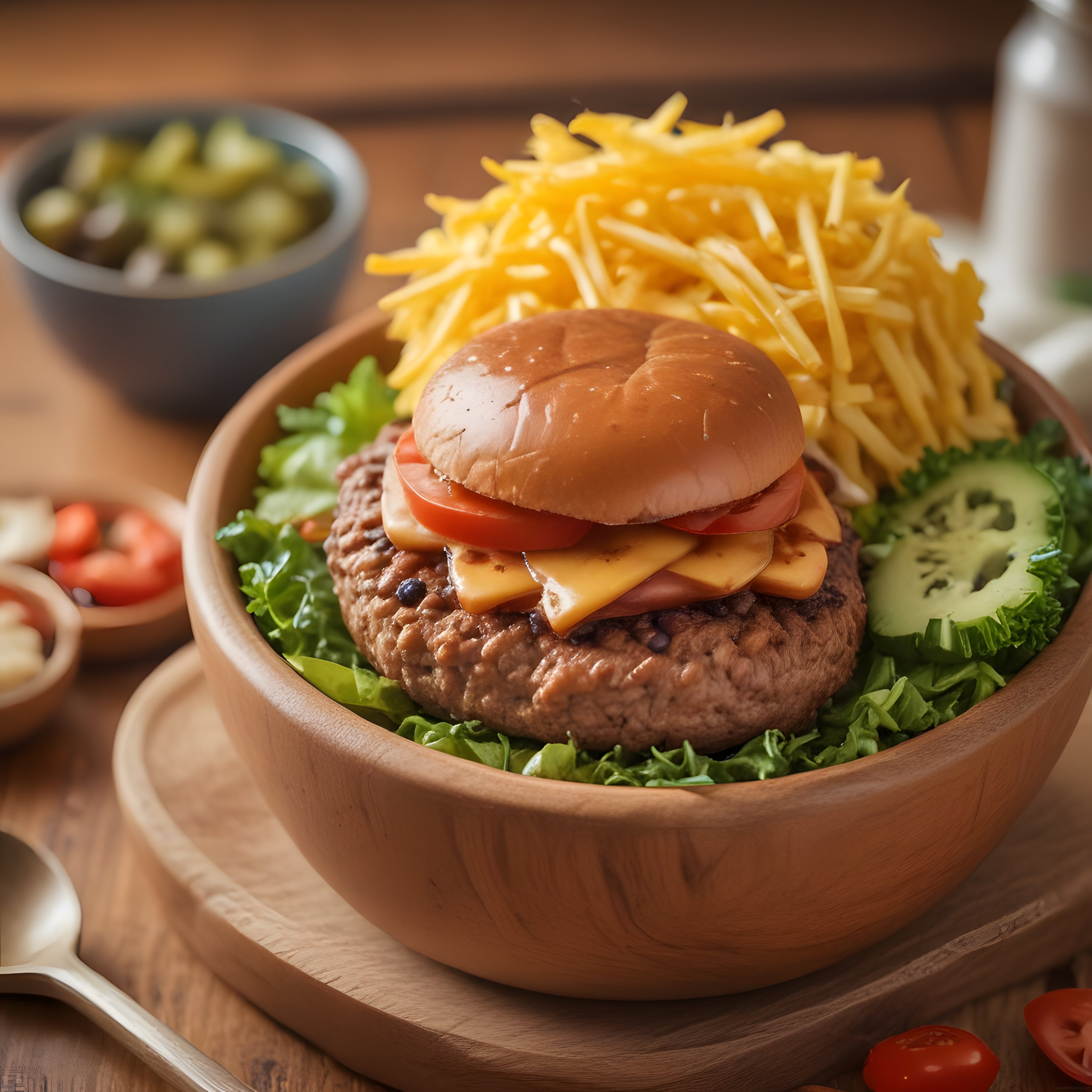 Ahşap Kasede Cheddar Peynirli Izgara Burger ve Taze Salata Süslemesi