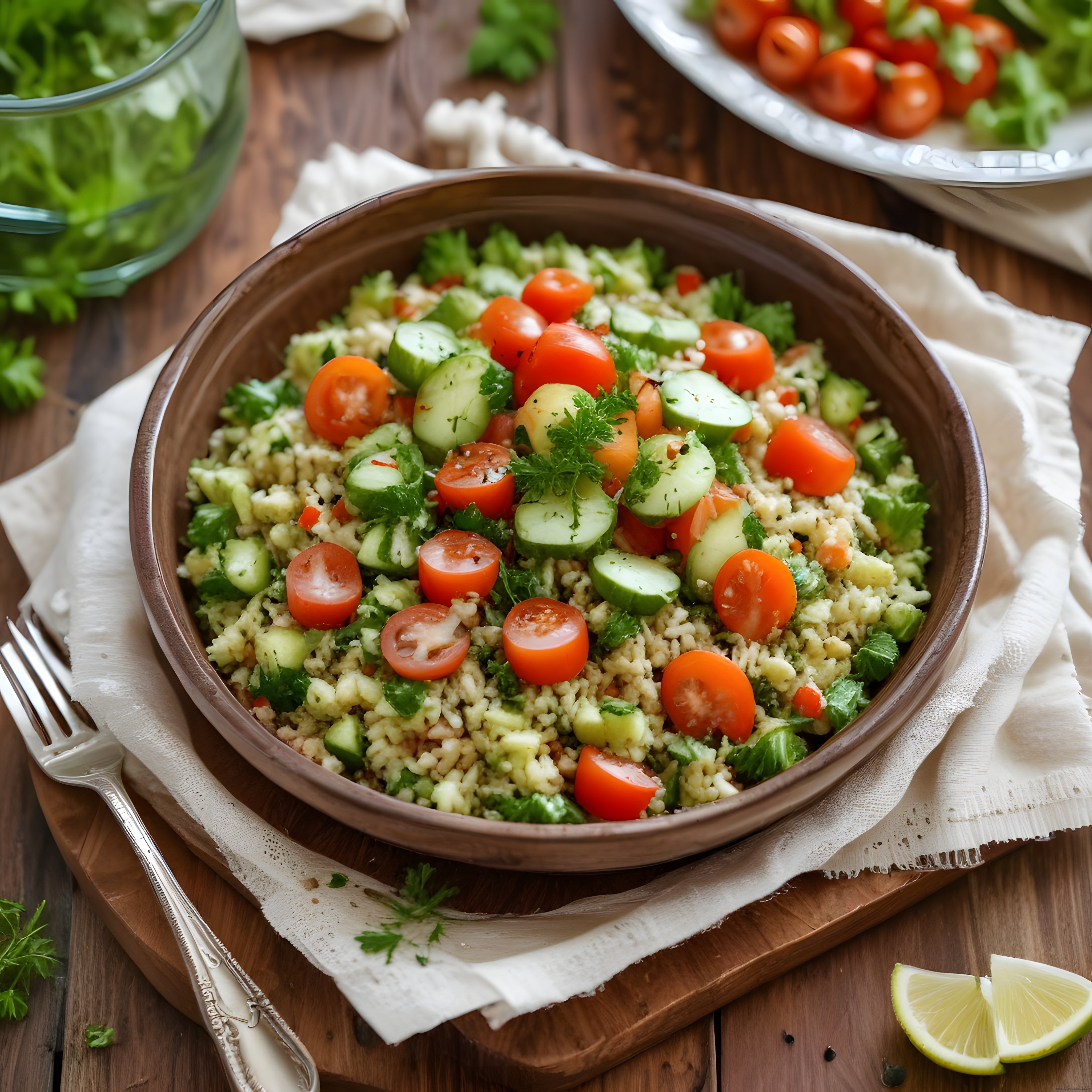 Ahşap Kasede Domates Salatalık ve Yeşilliklerle Bulgur Salatası Rustik Sunum