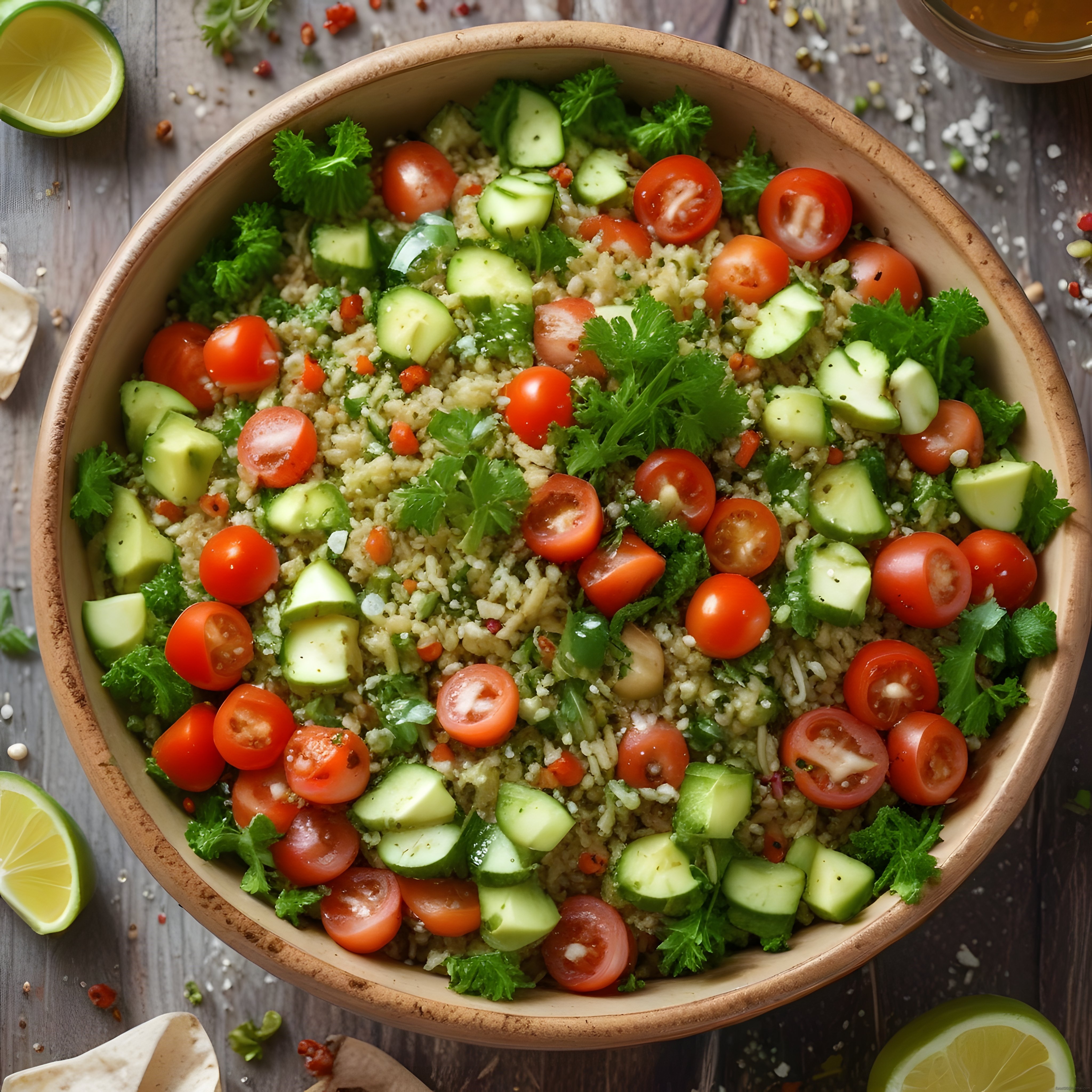 Ahşap Kasede Domates Salatalıklı Taze Bulgur Salatası Görseli