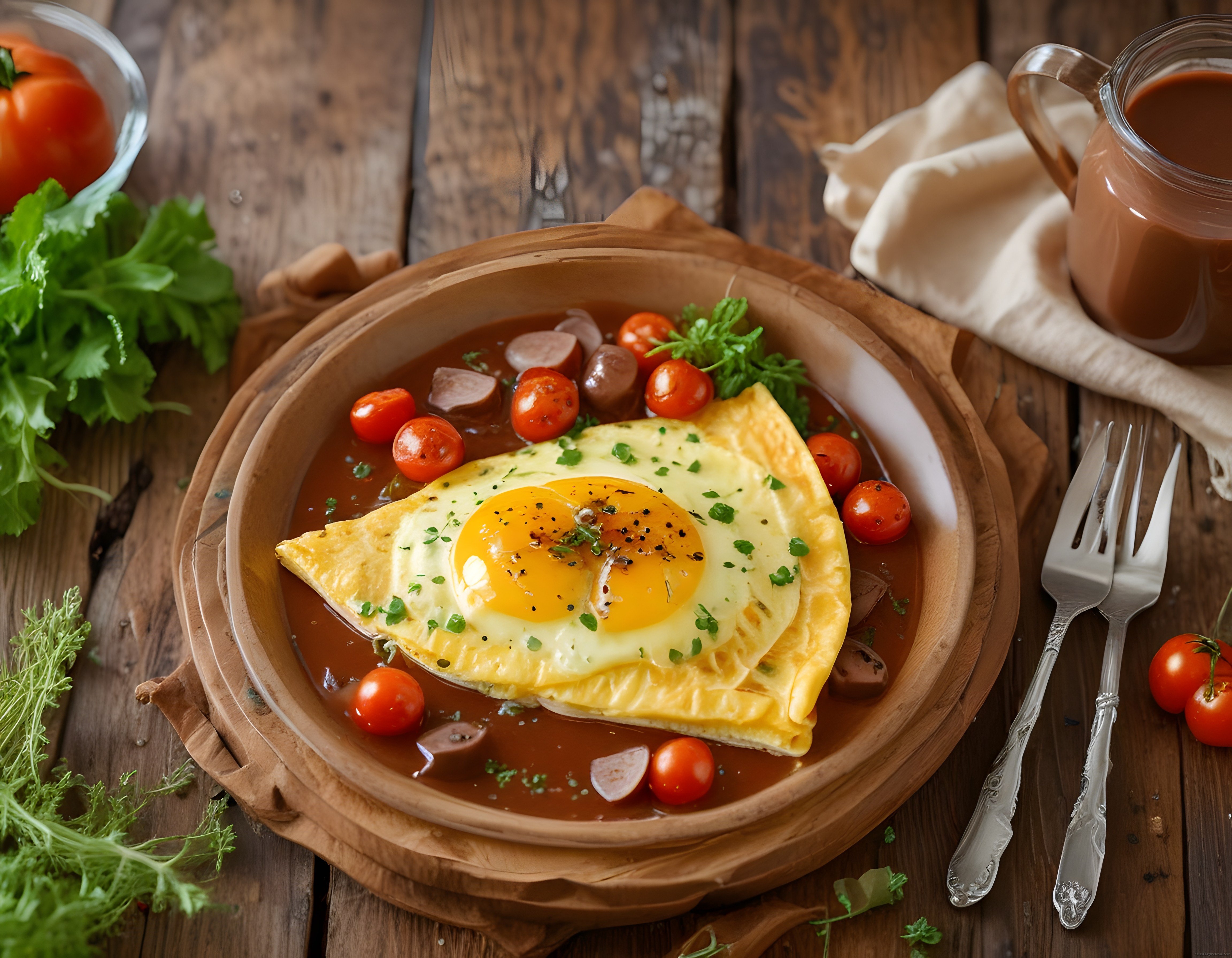 Ahşap kâsede domates soslu omlet ve sosisle sıcak kahvaltı tabağı