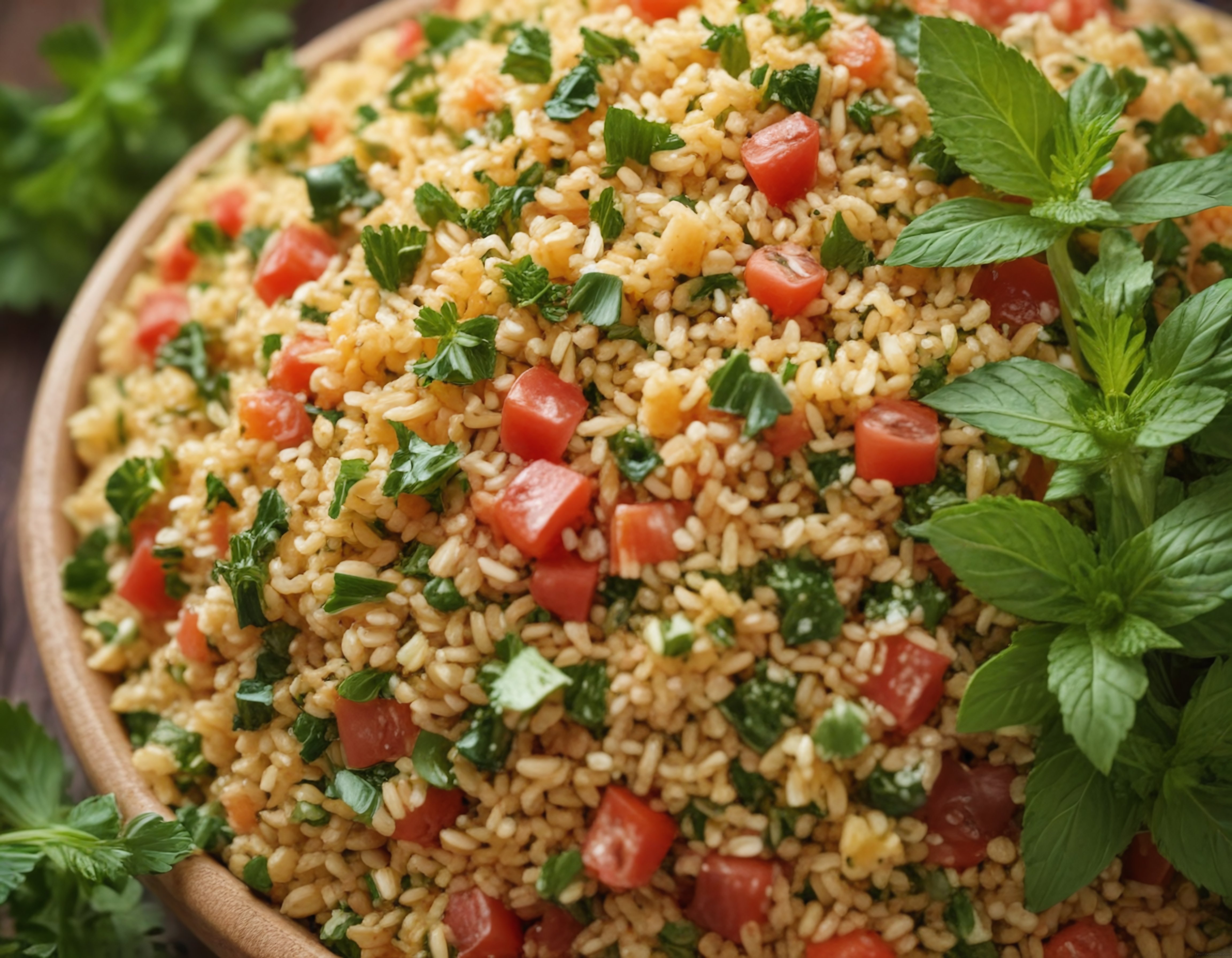 Ahşap kasede domates ve taze naneli bulgur salatası yakın çekim
