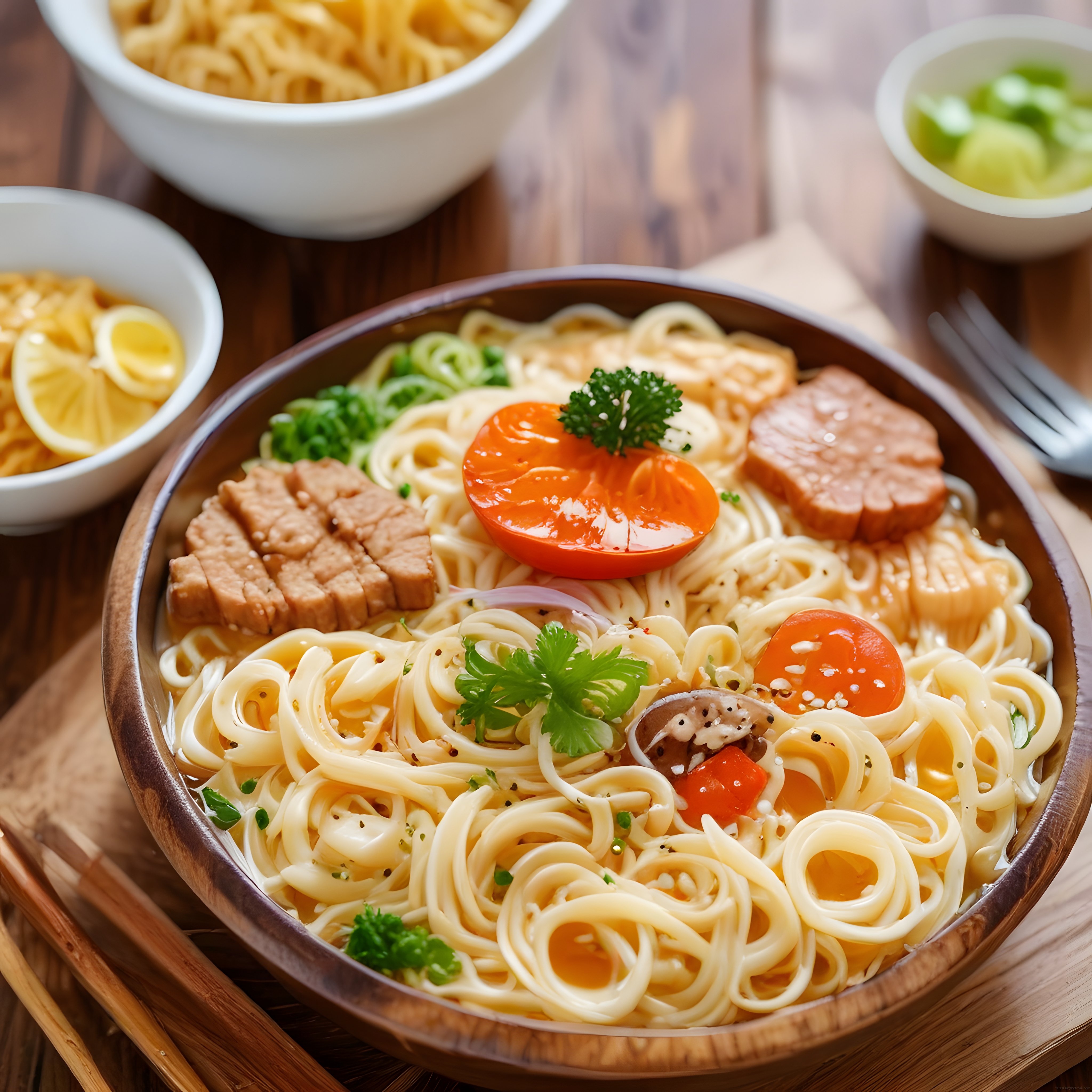 Ahşap kasede et parçaları ve domatesle süslenmiş enfes makarna tabağı