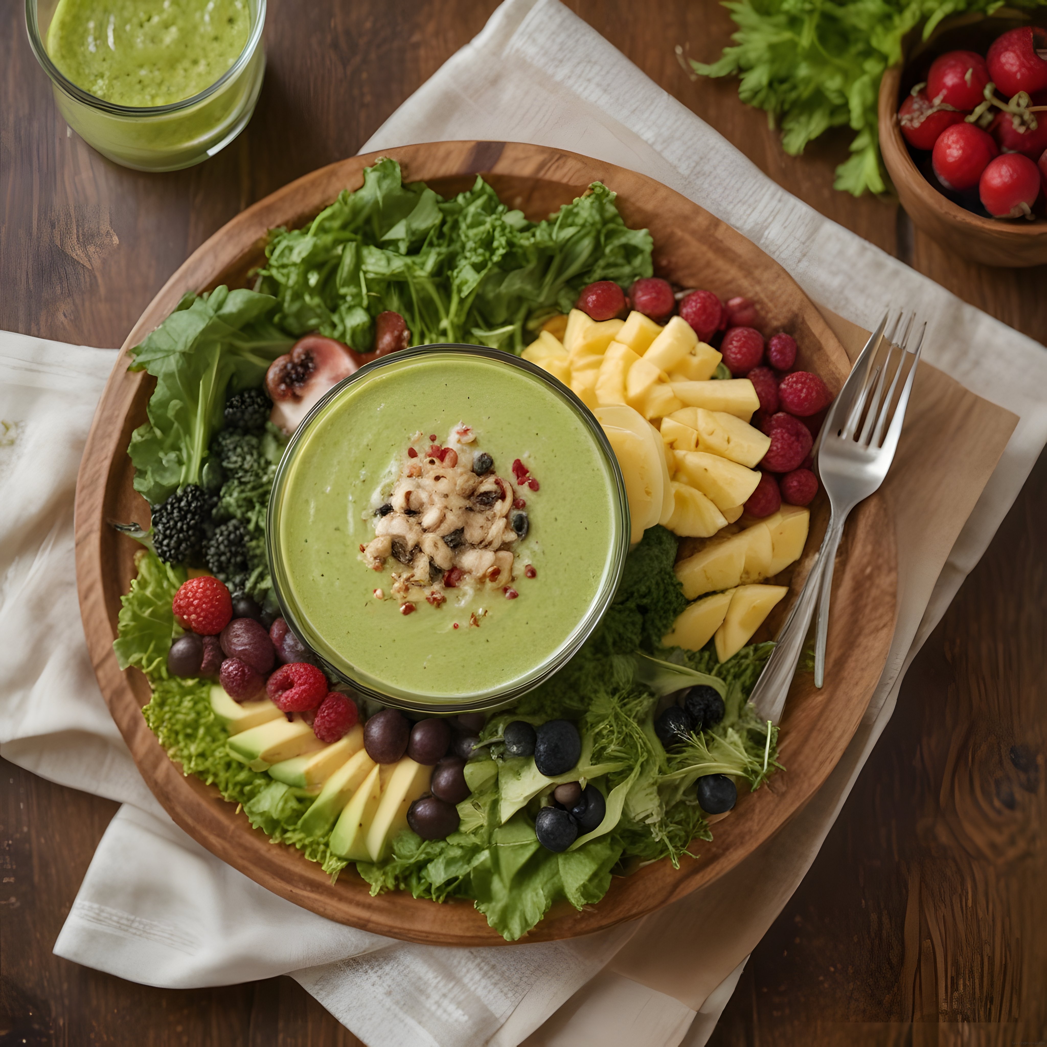 Ahşap kasede ev yapımı yeşil smoothie bowl ve taze meyve eşliğinde kahvaltı