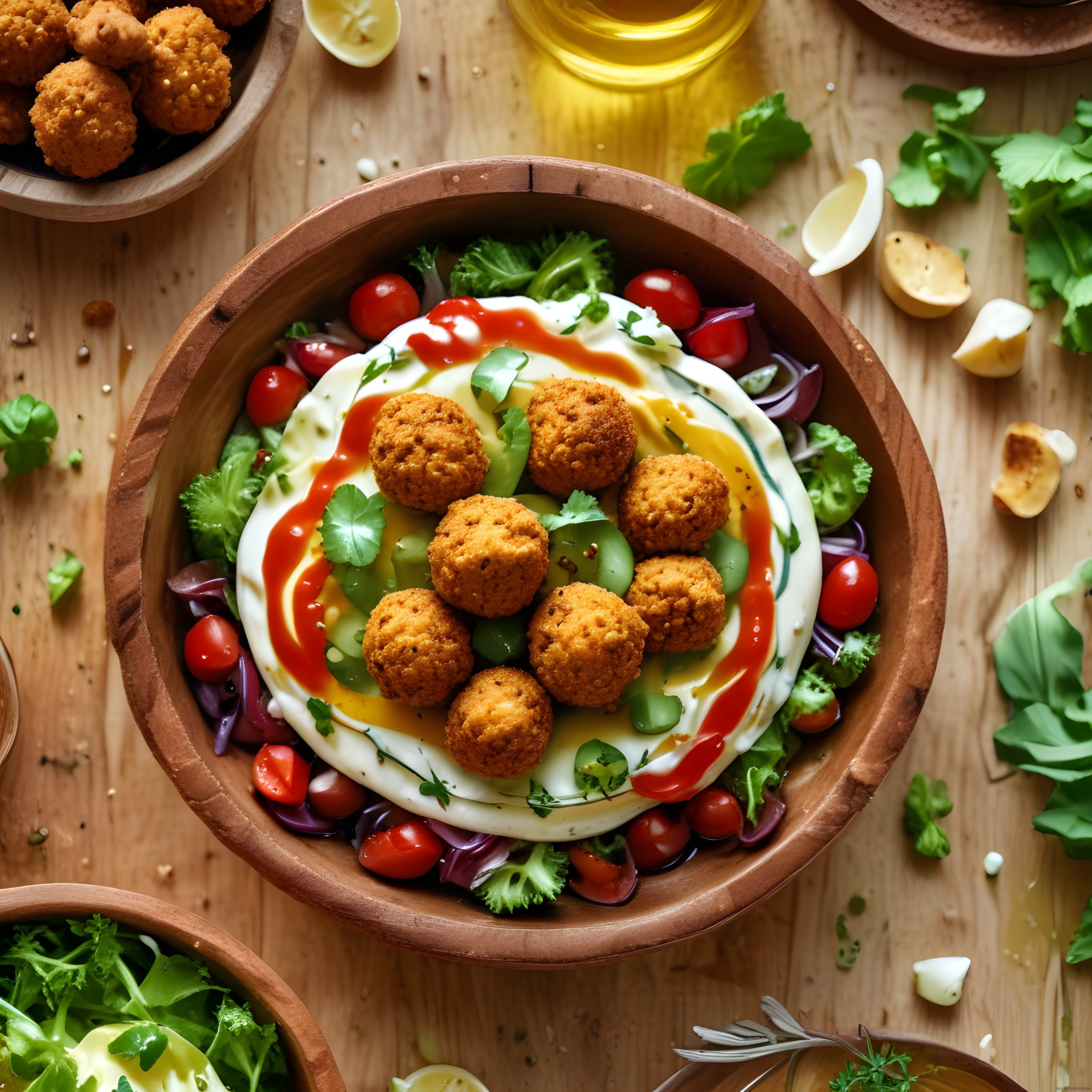 Ahşap Kasede Falafel ve Taze Yeşilliklerle Dolgun Salata Sunumu