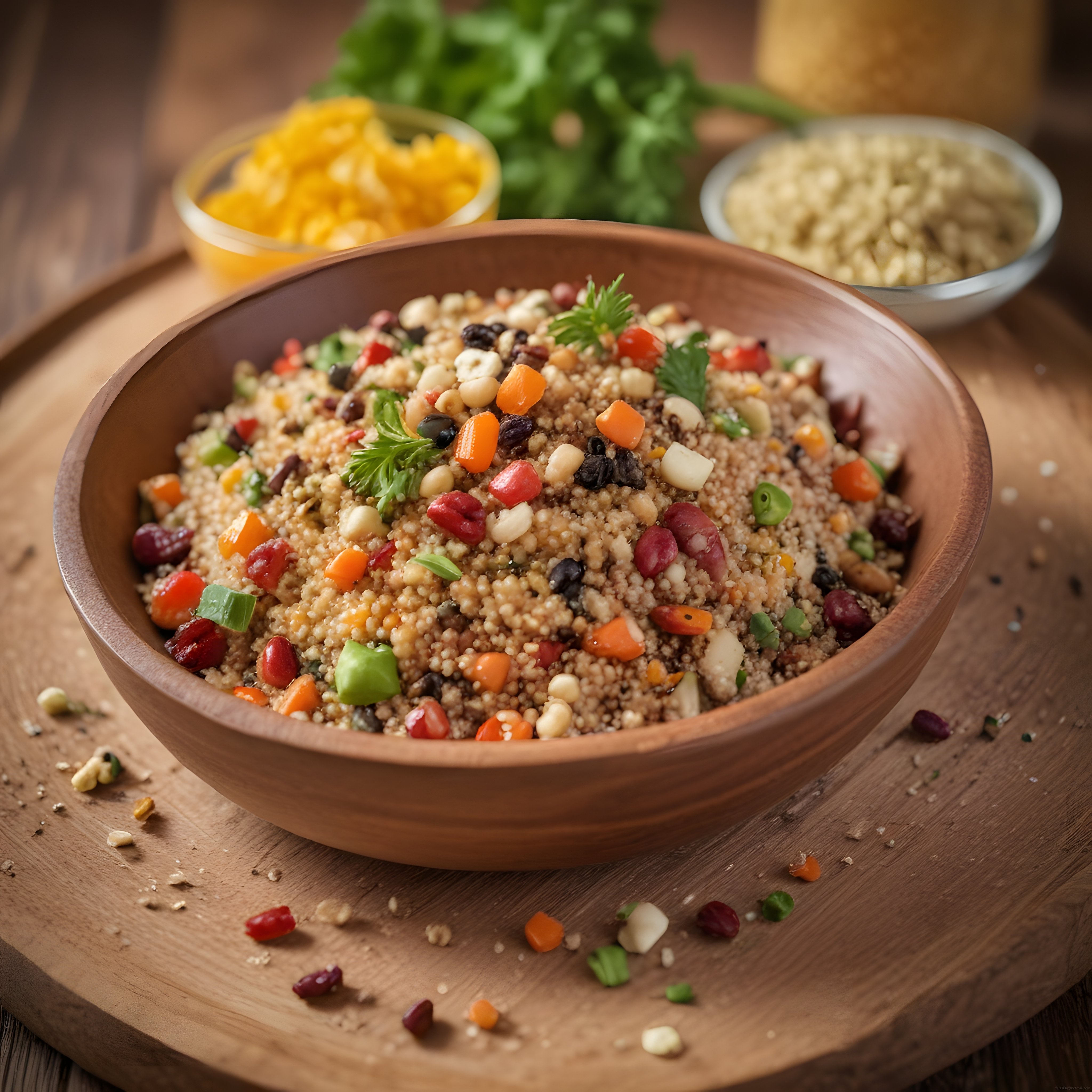 Ahşap Kasede Gökkuşağı Renklerinde Kinoa Salatası ve Sağlıklı Vegan Sunum