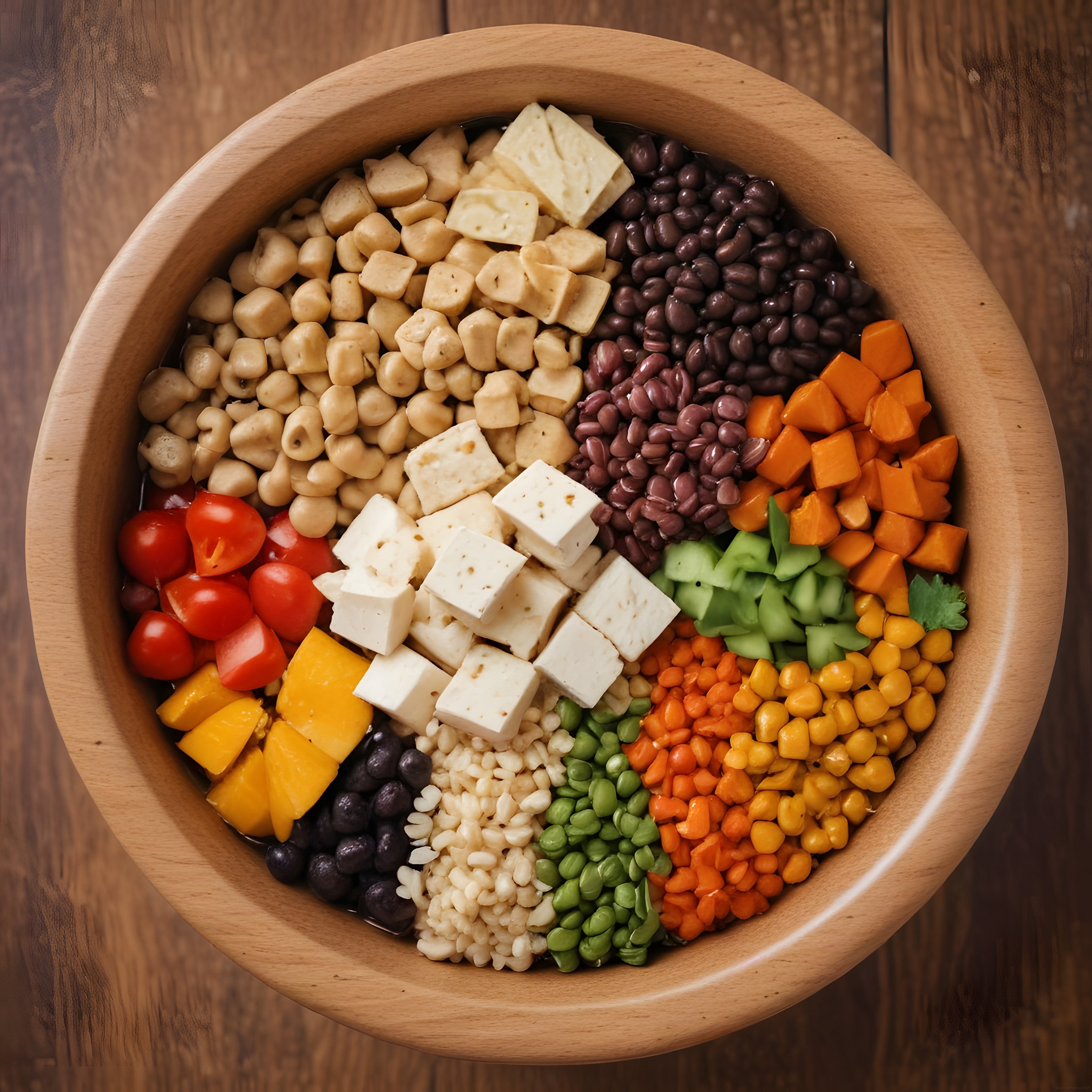 Ahşap Kasede Gökkuşağı Renkleriyle Vegan Buddha Bowl ve Sağlıklı Beslenme