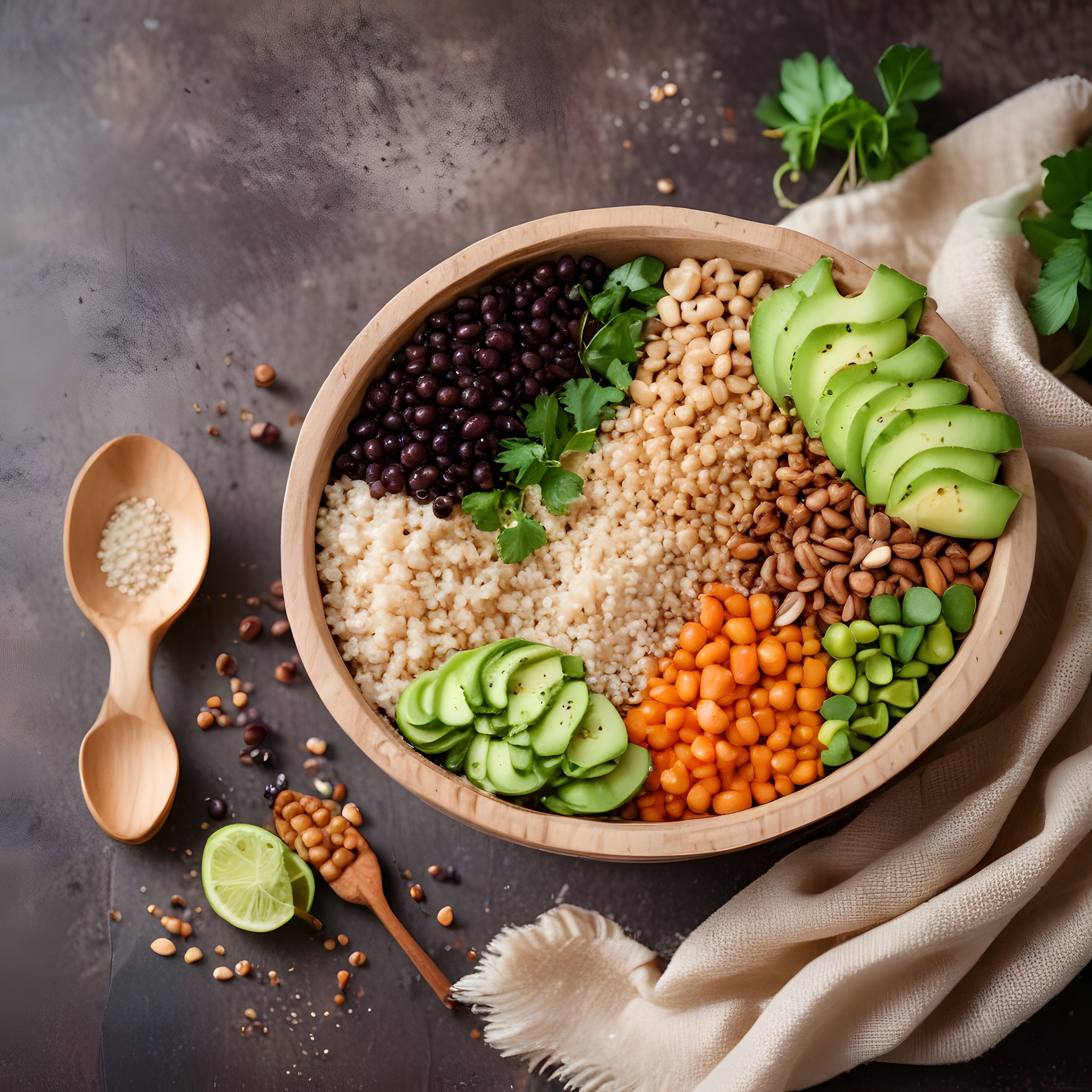 ahşap kasede gökkuşağı renkli vegan buddha bowl ile sağlıklı beslenme konsepti
