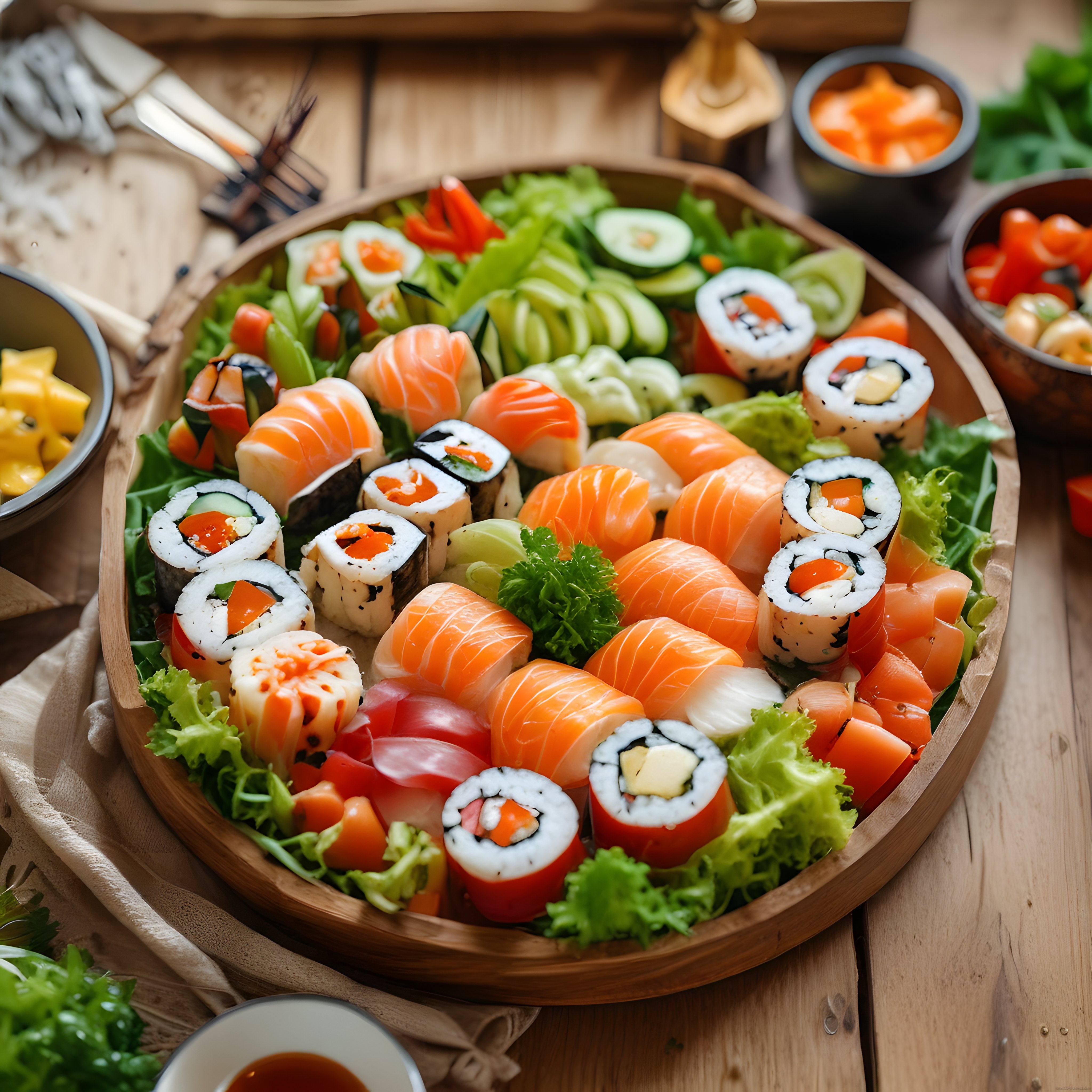 Ahşap Kasede Görsel Şölen: Somonlu Nigiri, Maki ve Taze Sebzeler