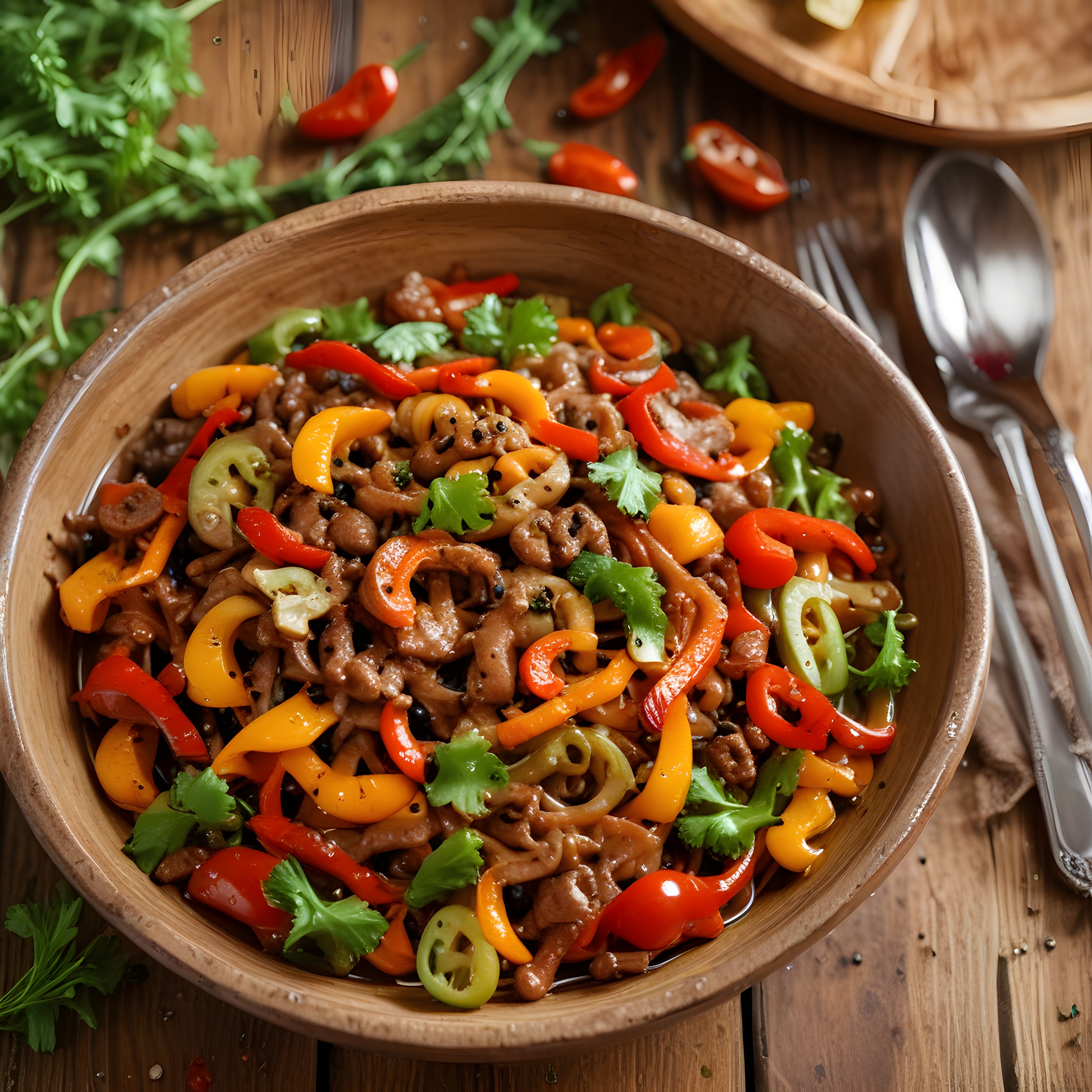 Ahşap kâsede göz alıcı sunumuyla etli sebzeli Asya usulü noodle sote