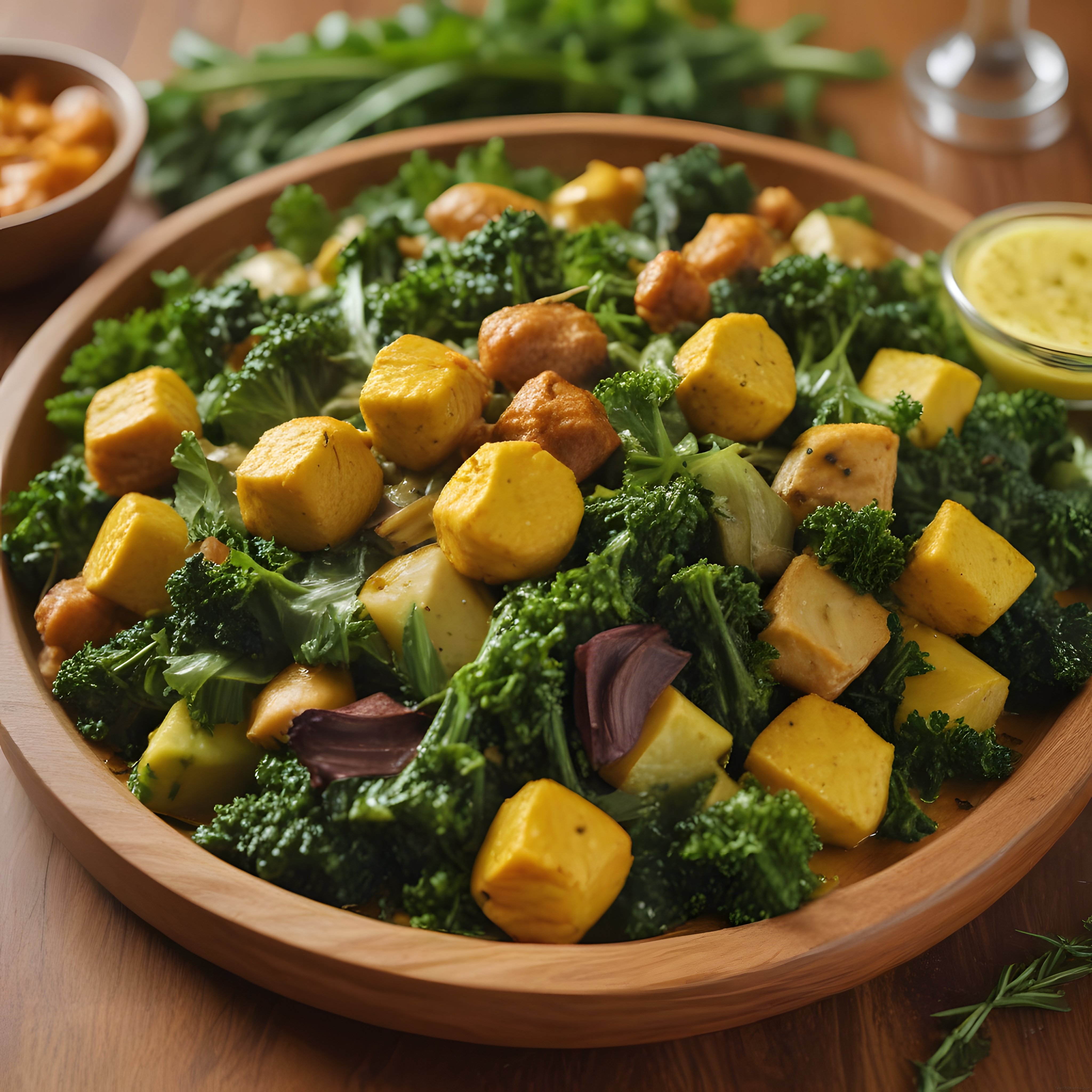 Ahşap Kasede Hardal Soslu Vegan Tofu ve Kıvırcık Lahana Salatası