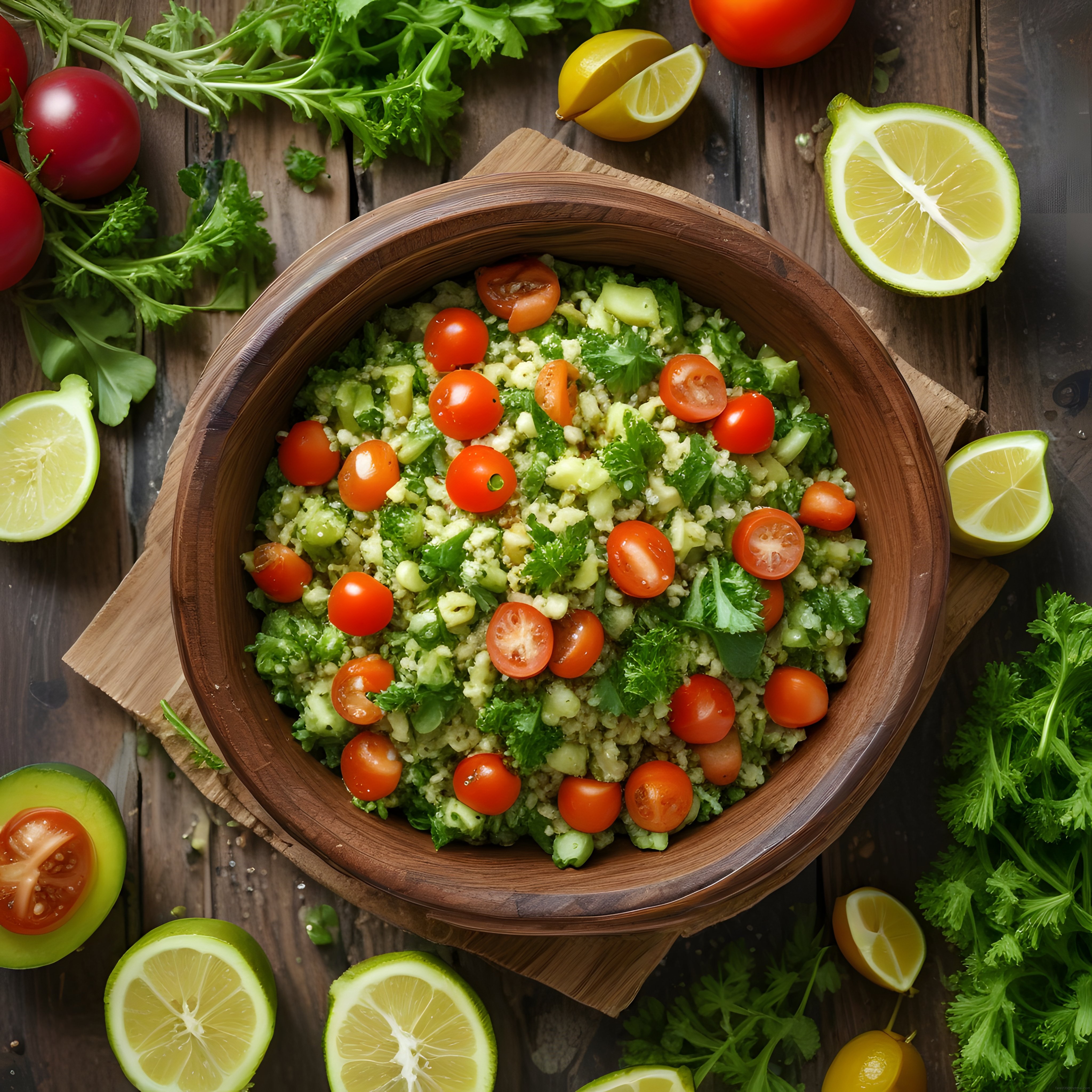 Ahşap kasede hazırlanmış limonlu yeşil salata ve tahıl sunumu