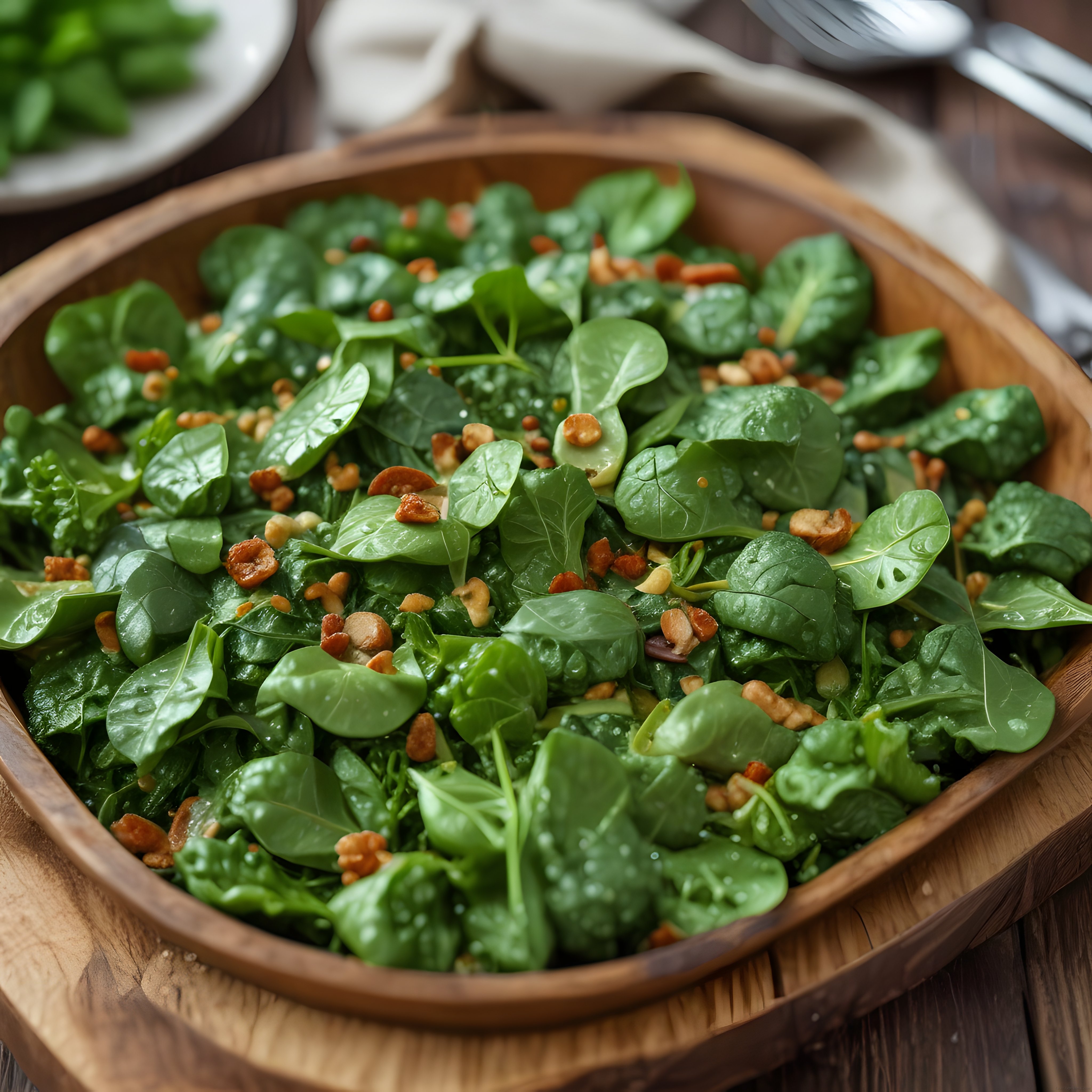 Ahşap Kasede Ispanak Roka Karışımı ve Kavrulmuş Cevizli Sağlıklı Salata