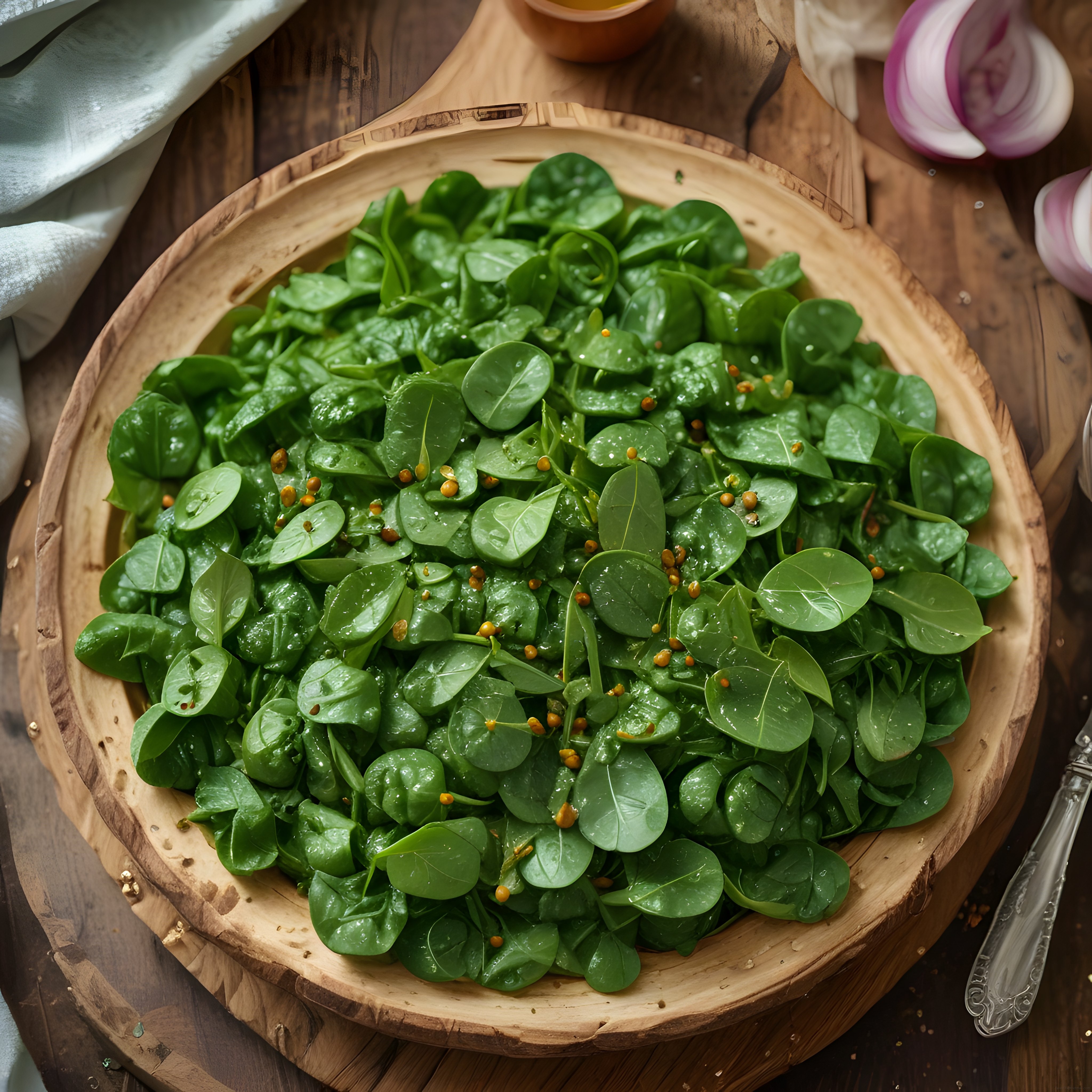 Ahşap kâsede ıspanak salatası, doğal malzemelerle hazırlanmış nefis bir öneri