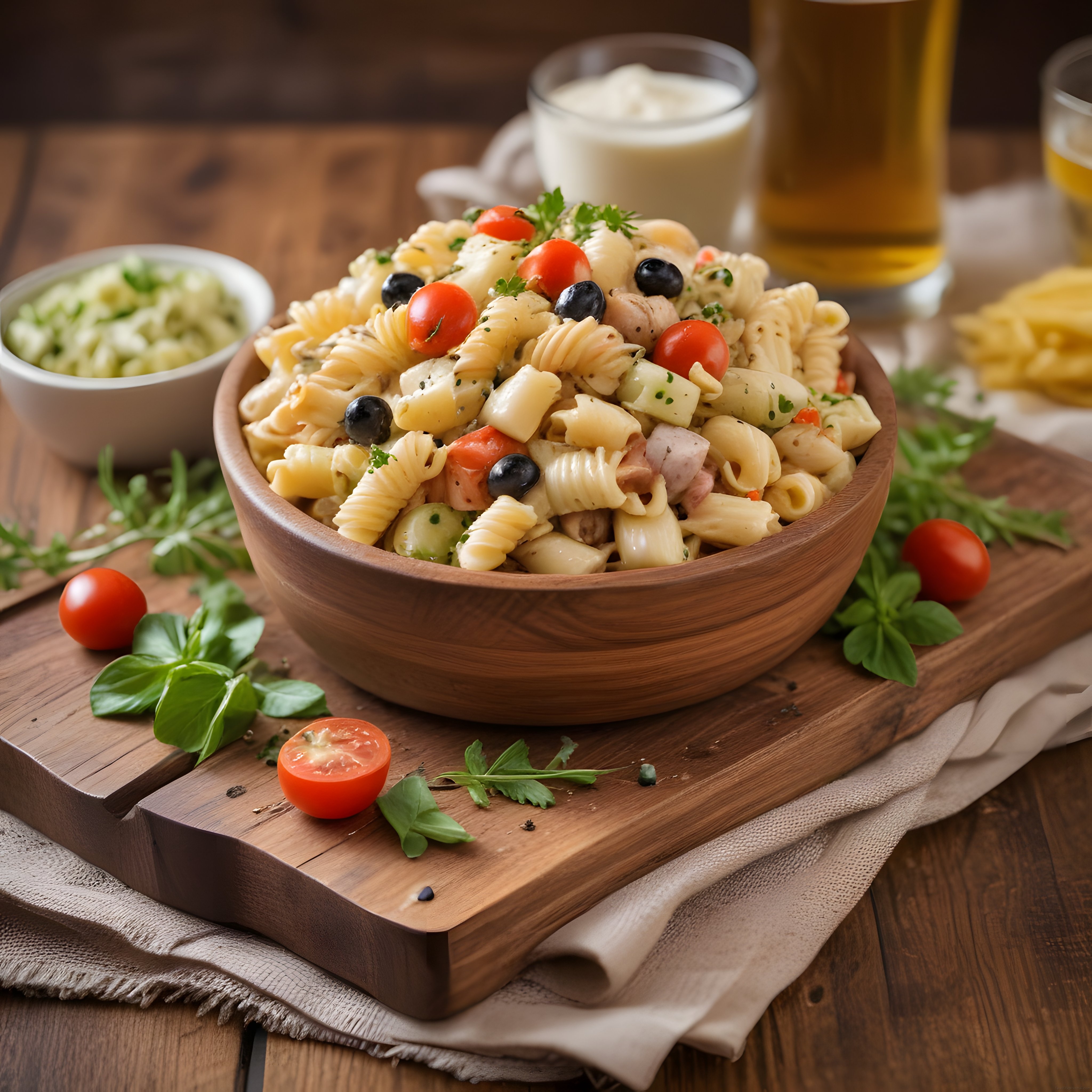 Ahşap Kasede İtalyan Usulü Sebzeli ve Zeytinli Kremalı Makarna Salatası