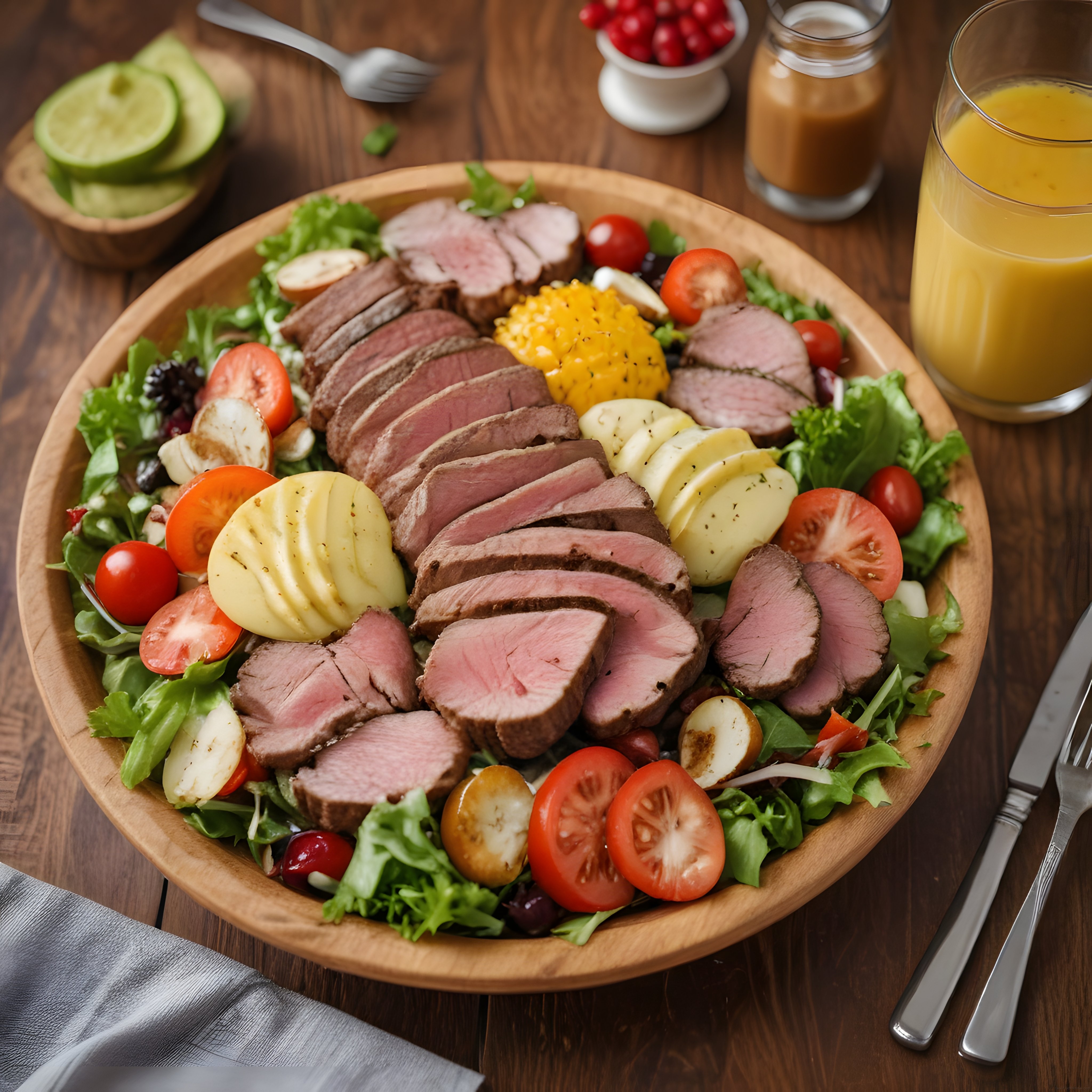 Ahşap Kasede Izgara Biftek Dilimleri ve Taze Sebzelerle Protein Salatası