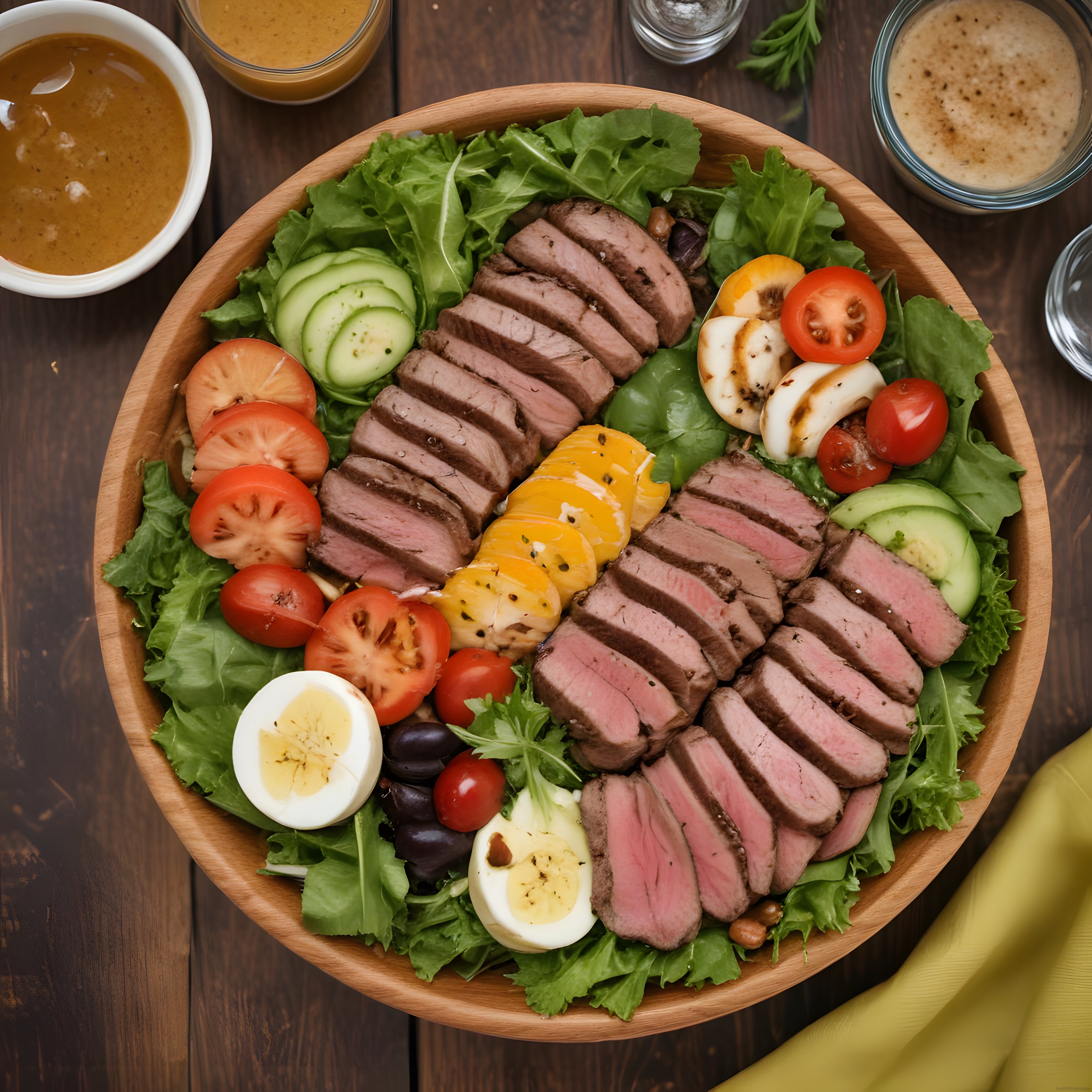 Ahşap Kasede Izgara Biftek ve Sebzelerle Hazırlanmış Protein Salatası