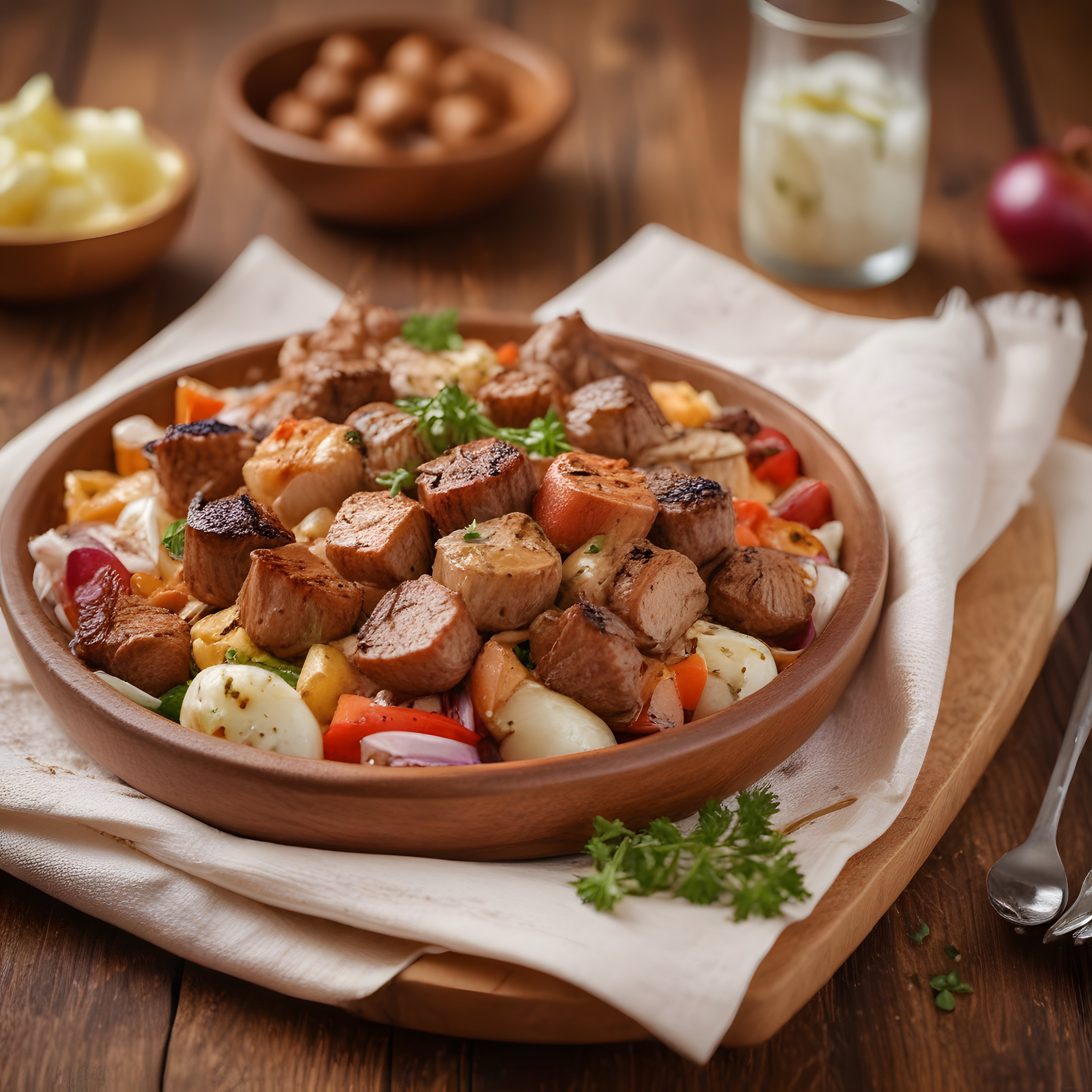 Ahşap Kasede Izgara Et Mantar Yumurta ve Renkli Sebzelerle Besleyici Tabak