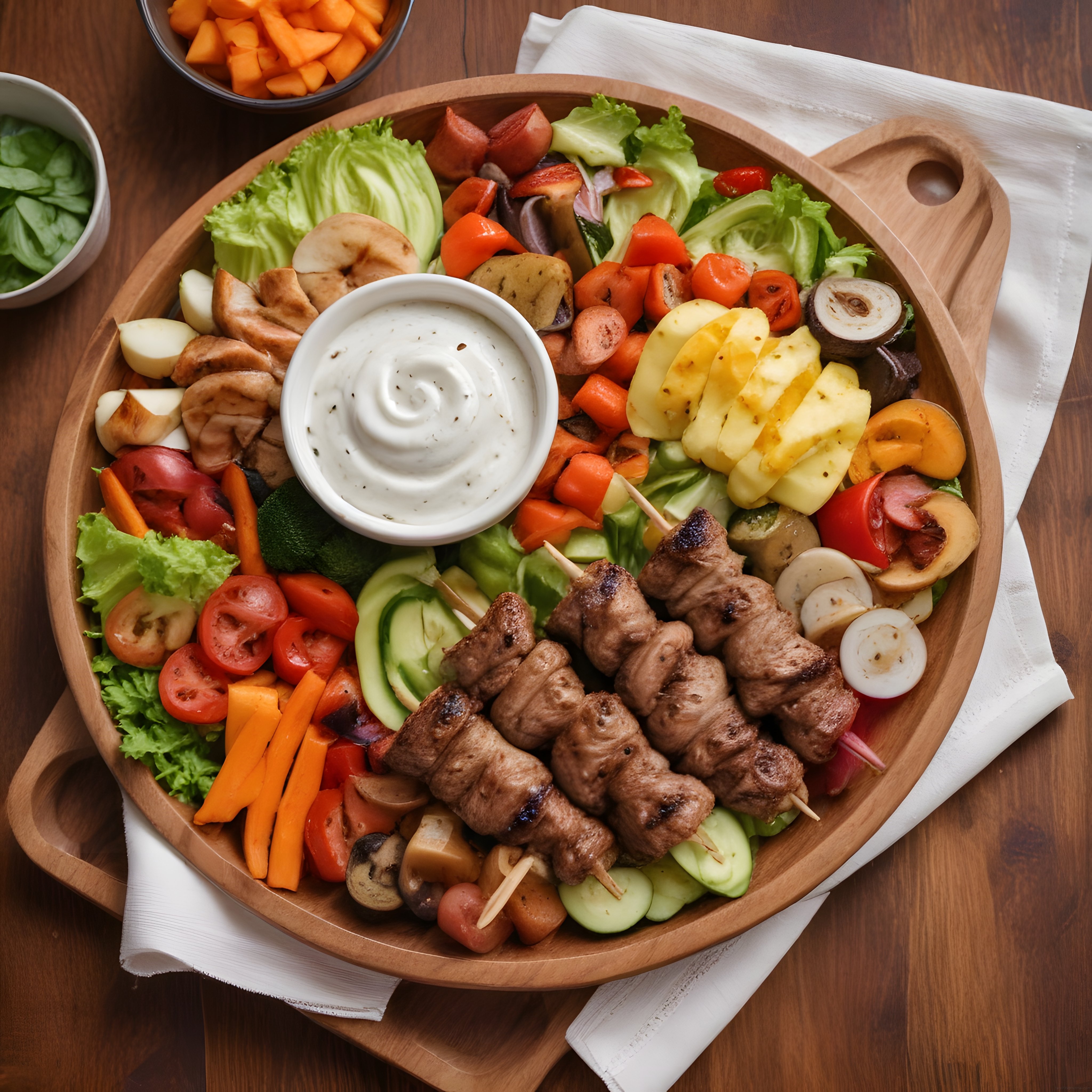 Ahşap Kasede Izgara Et Şiş, Avokado, Ananas ve Yoğurt Soslu Salata Tabağı