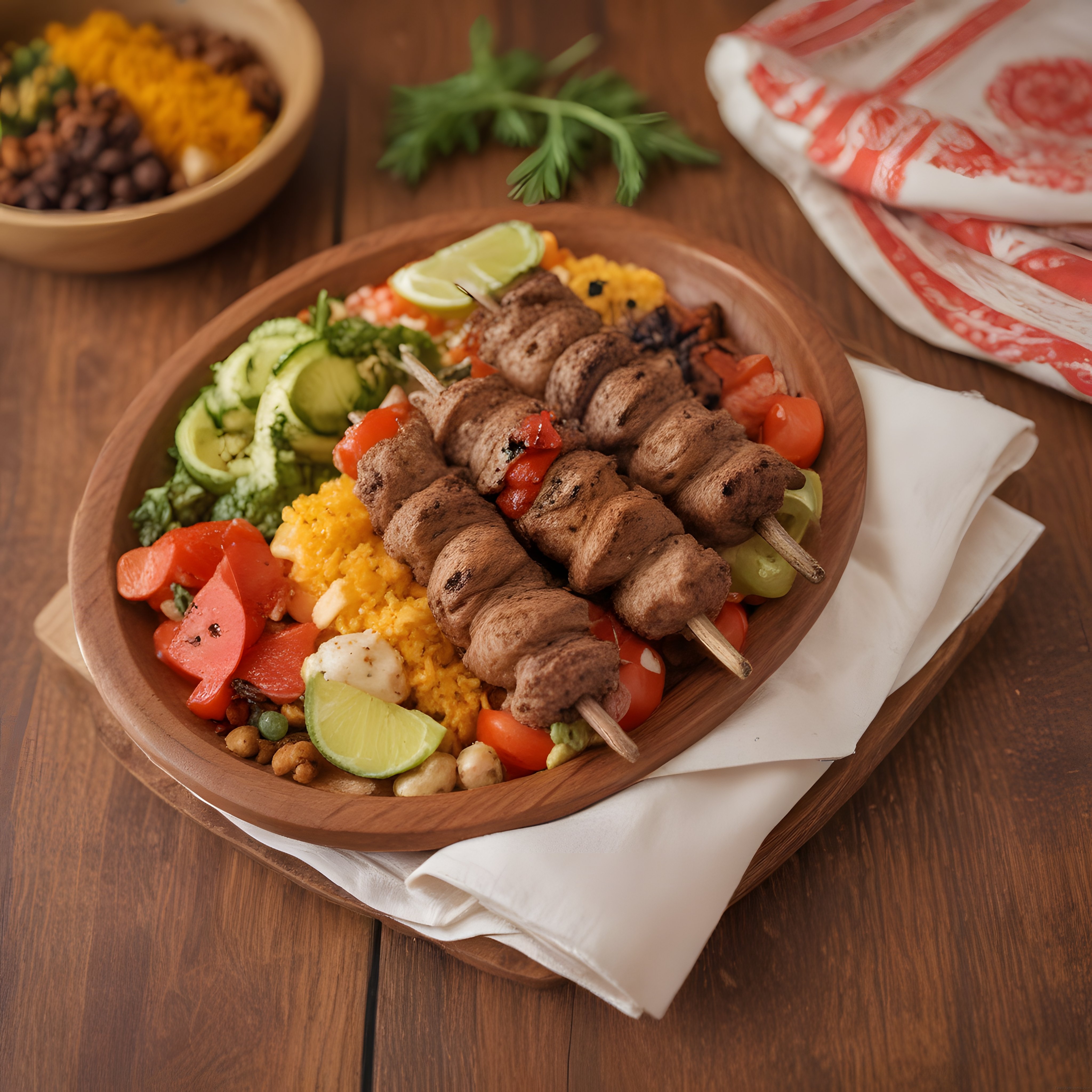 Ahşap kasede ızgara et şiş ve sebzelerle hazırlanmış nefis protein bowl