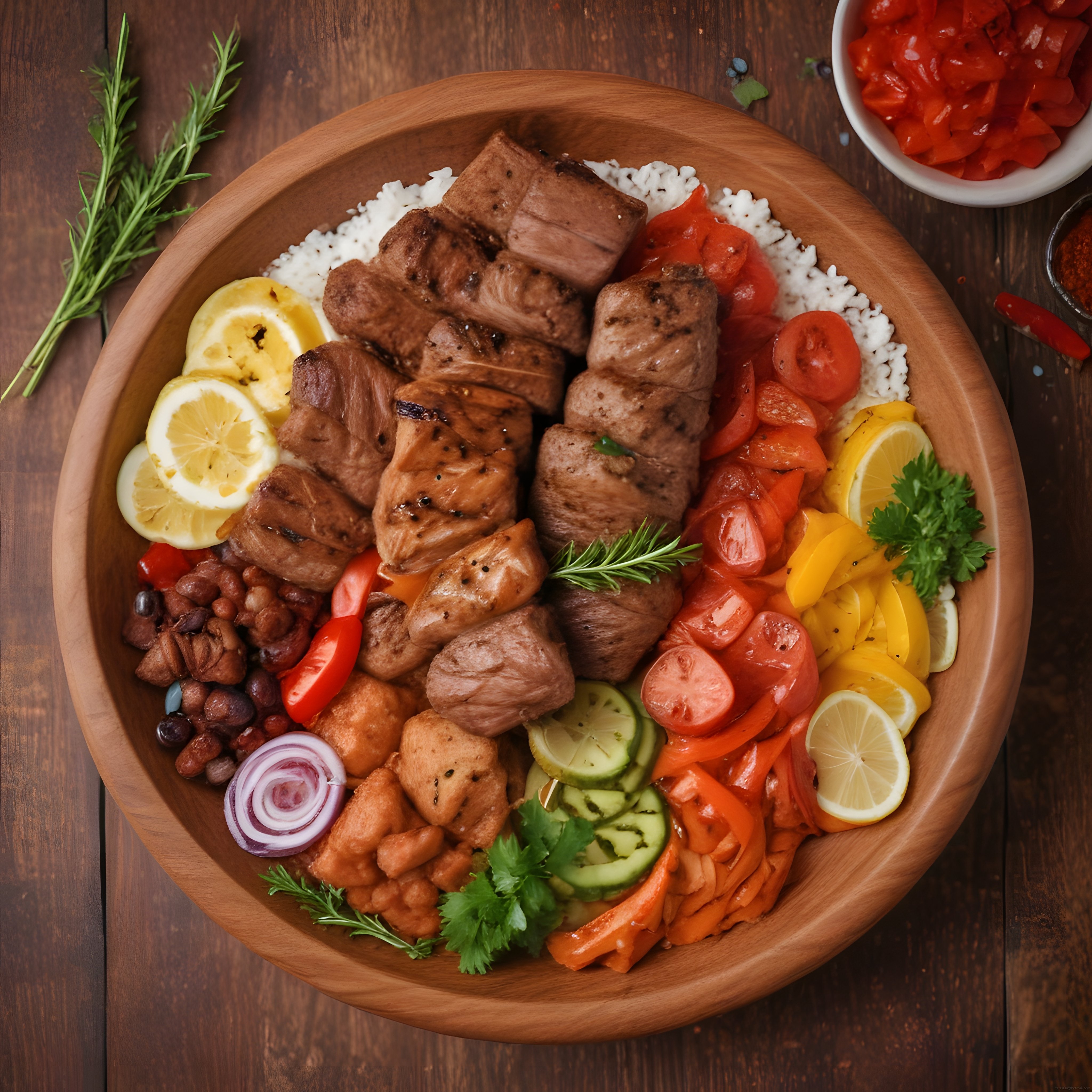 Ahşap Kasede Izgara Et ve Tavuklu Renkli Sebzeli Nefis Protein Bowl
