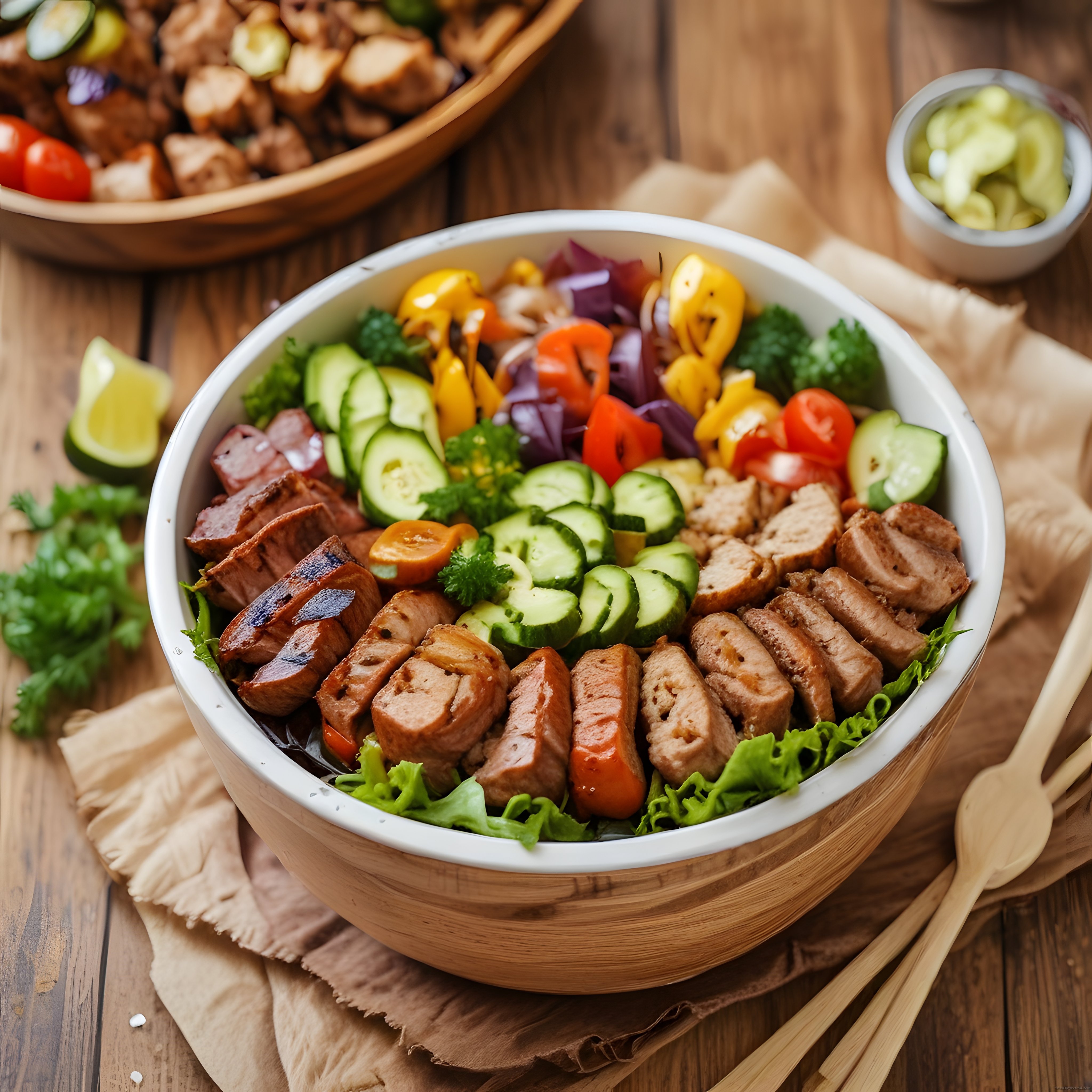 Ahşap Kasede Izgara Et ve Taze Sebzeyle Renkli Protein Bowl Tarifi