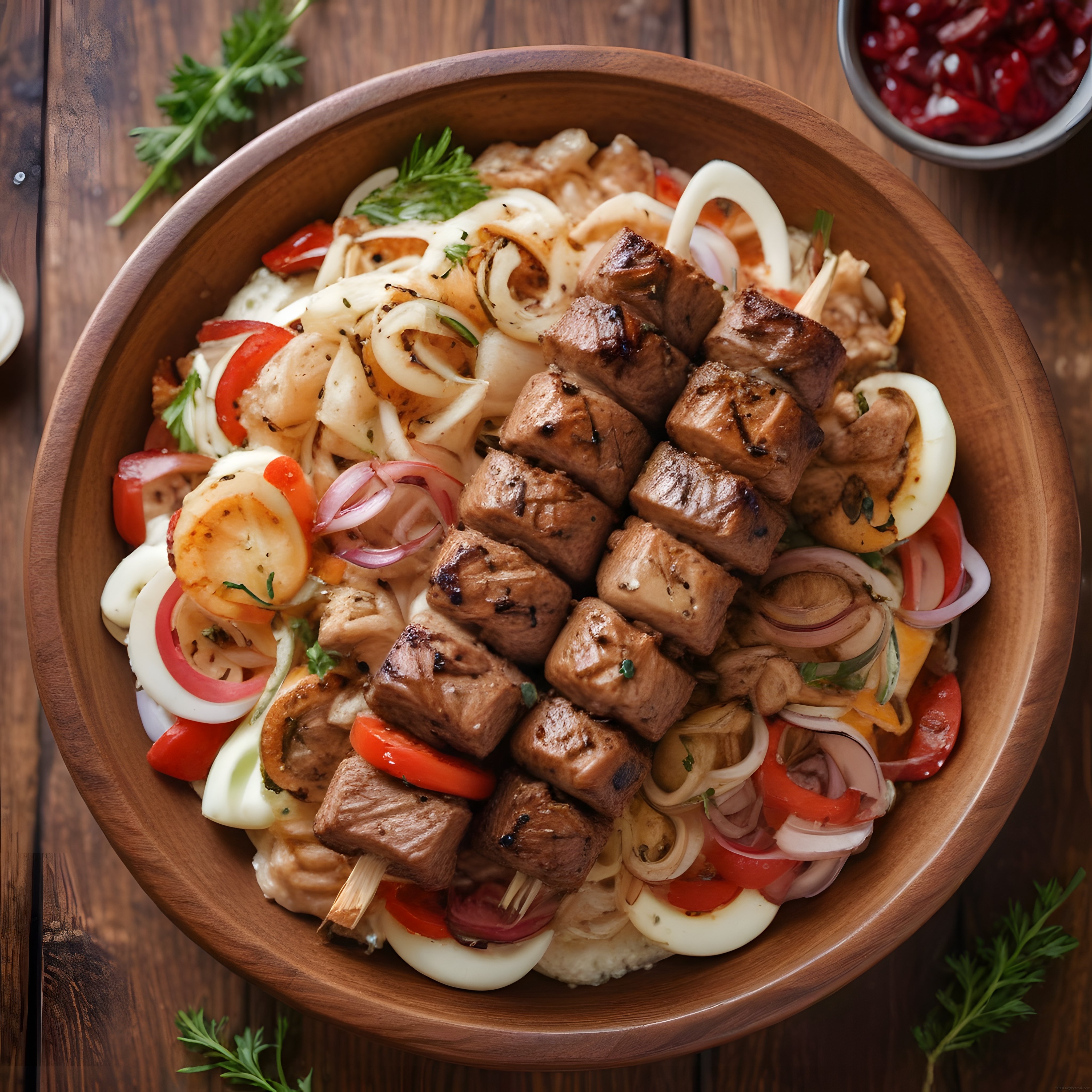 Ahşap Kasede Izgara Etli Mantarlı Makarna ve Yumurtalı Sağlıklı Bowl Sunumu