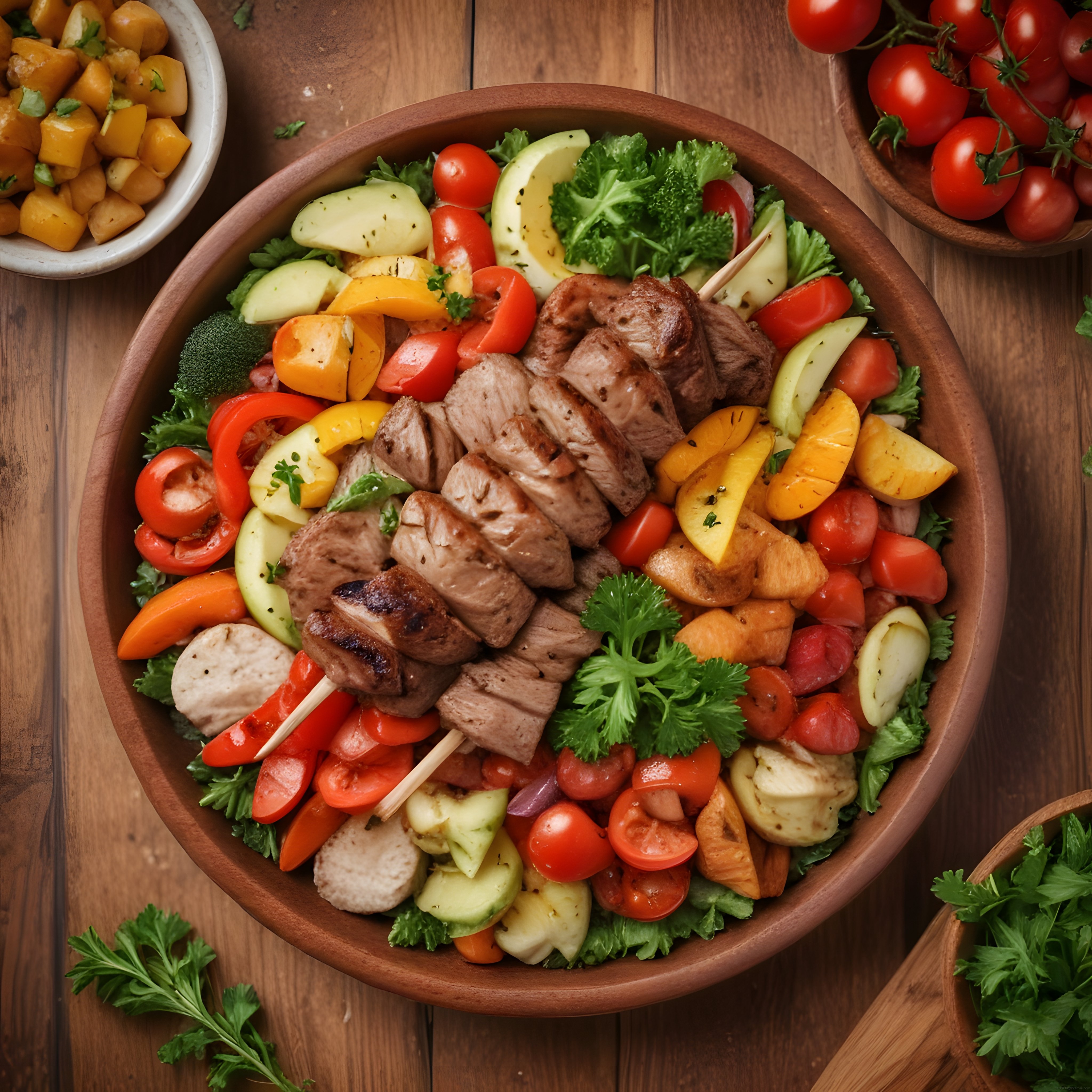 Ahşap kasede ızgara etli, taze sebzeli ve sağlıklı protein kasesi sunumu