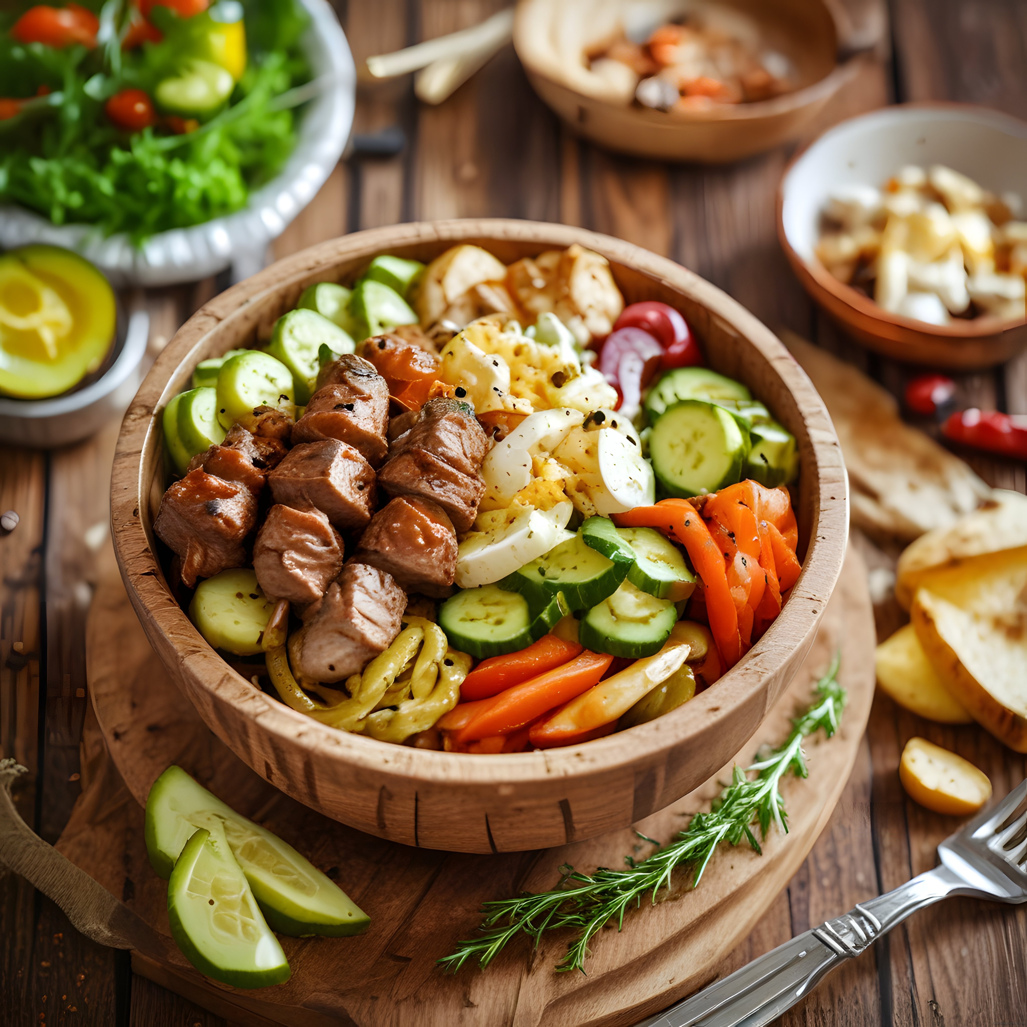 ahşap kasede ızgara etli ve sebzeli salata sağlıklı ve lezzetli öğün