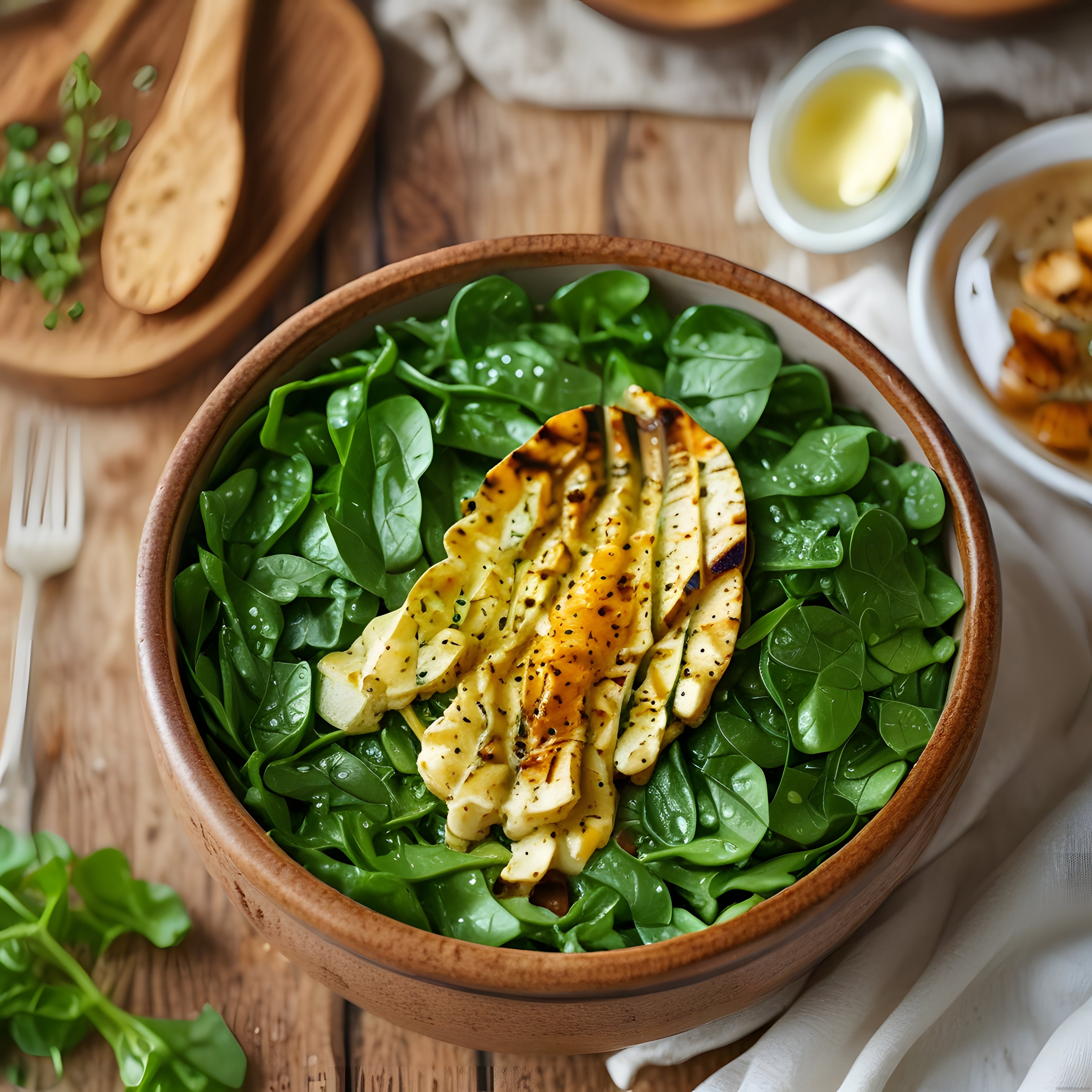 Ahşap Kasede Izgara Halloumi ve Taze Ispanak Salatası Sunumu