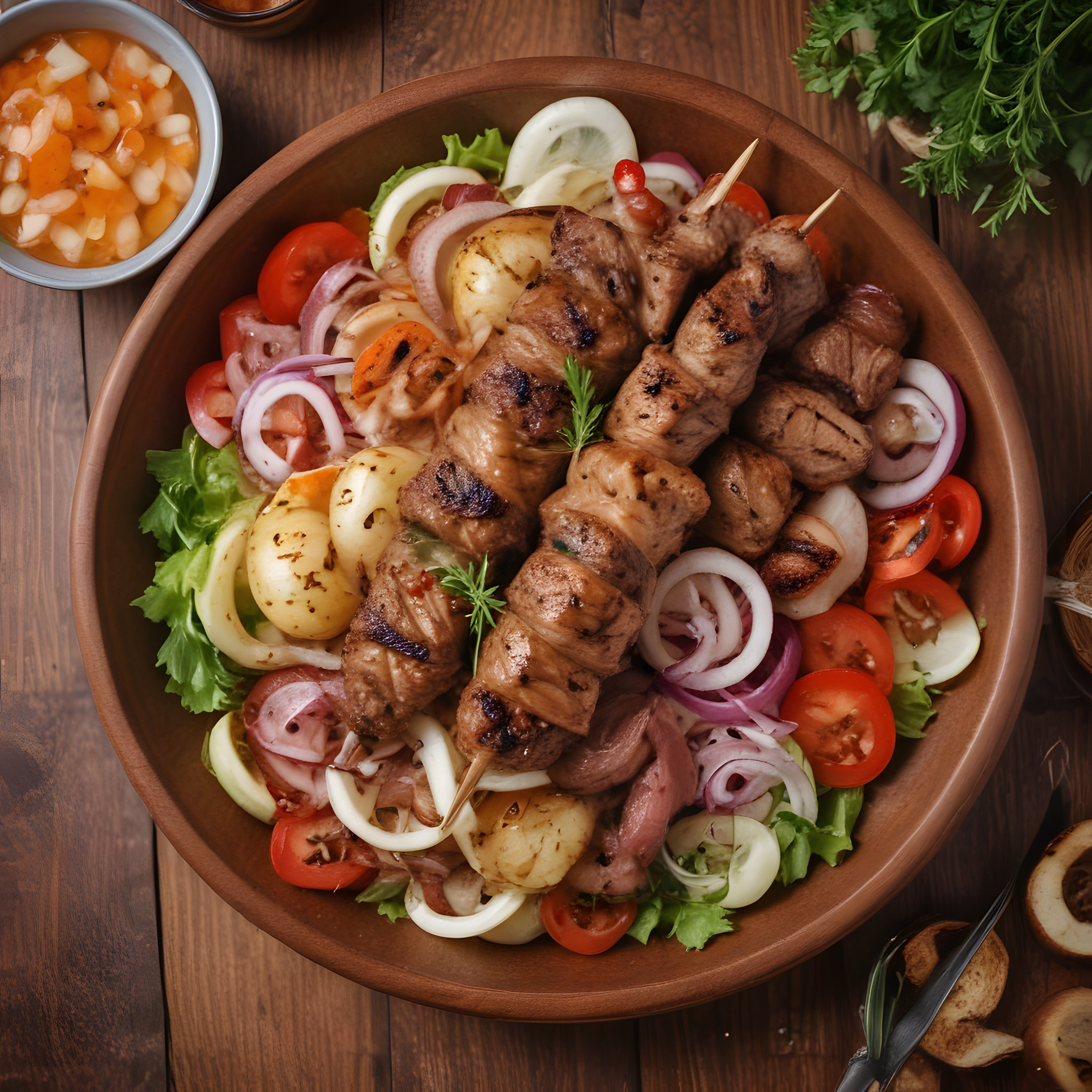 ahşap kasede ızgara şiş kebap patates soğan ve domates salata ile zengin sunum