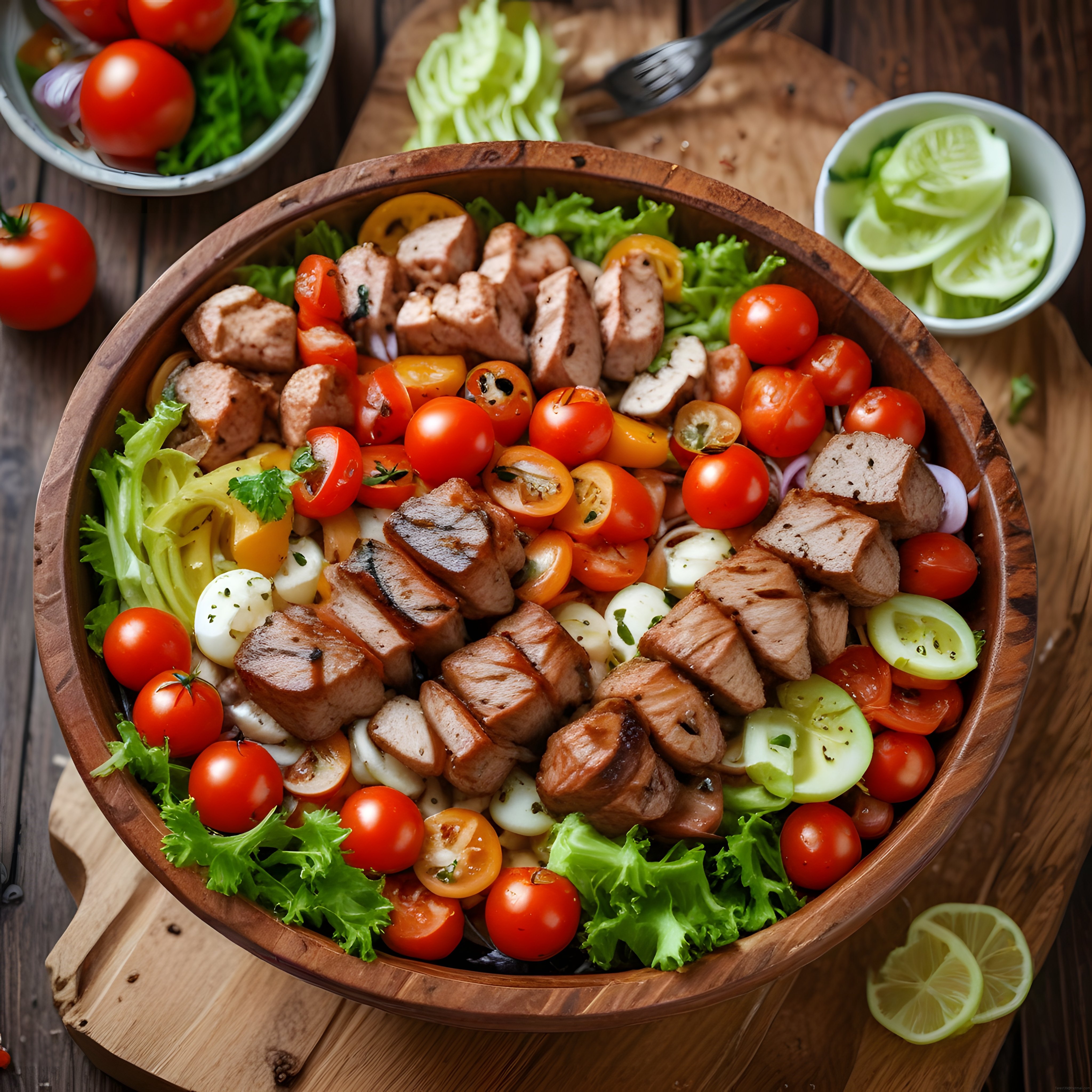 Ahşap Kasede Izgara Tavuklu Avokadolu Renkli ve Sağlıklı Salata Kasesi