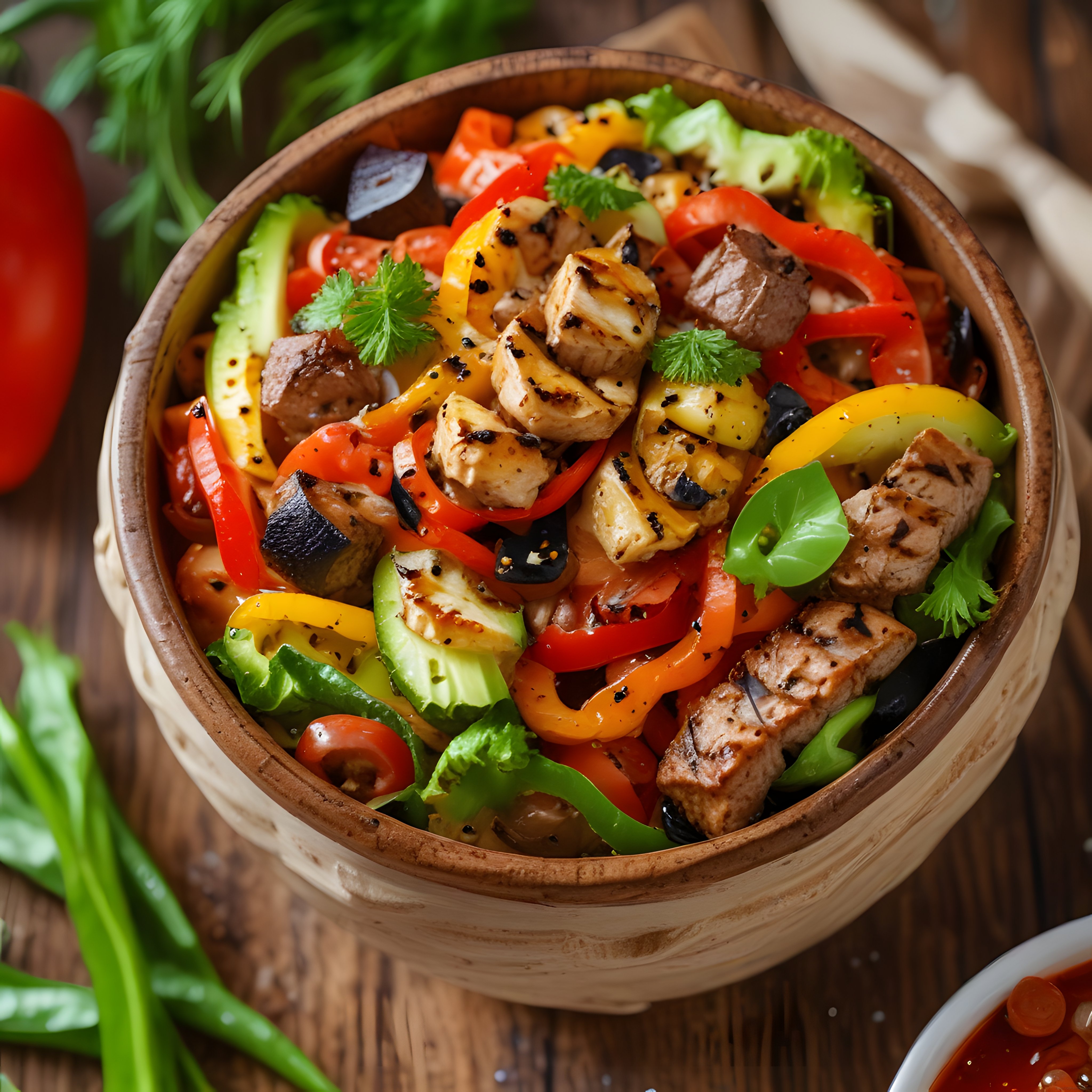 Ahşap Kasede Izgara Tavuklu Avokadolu Taze Sebzeli Protein Salata