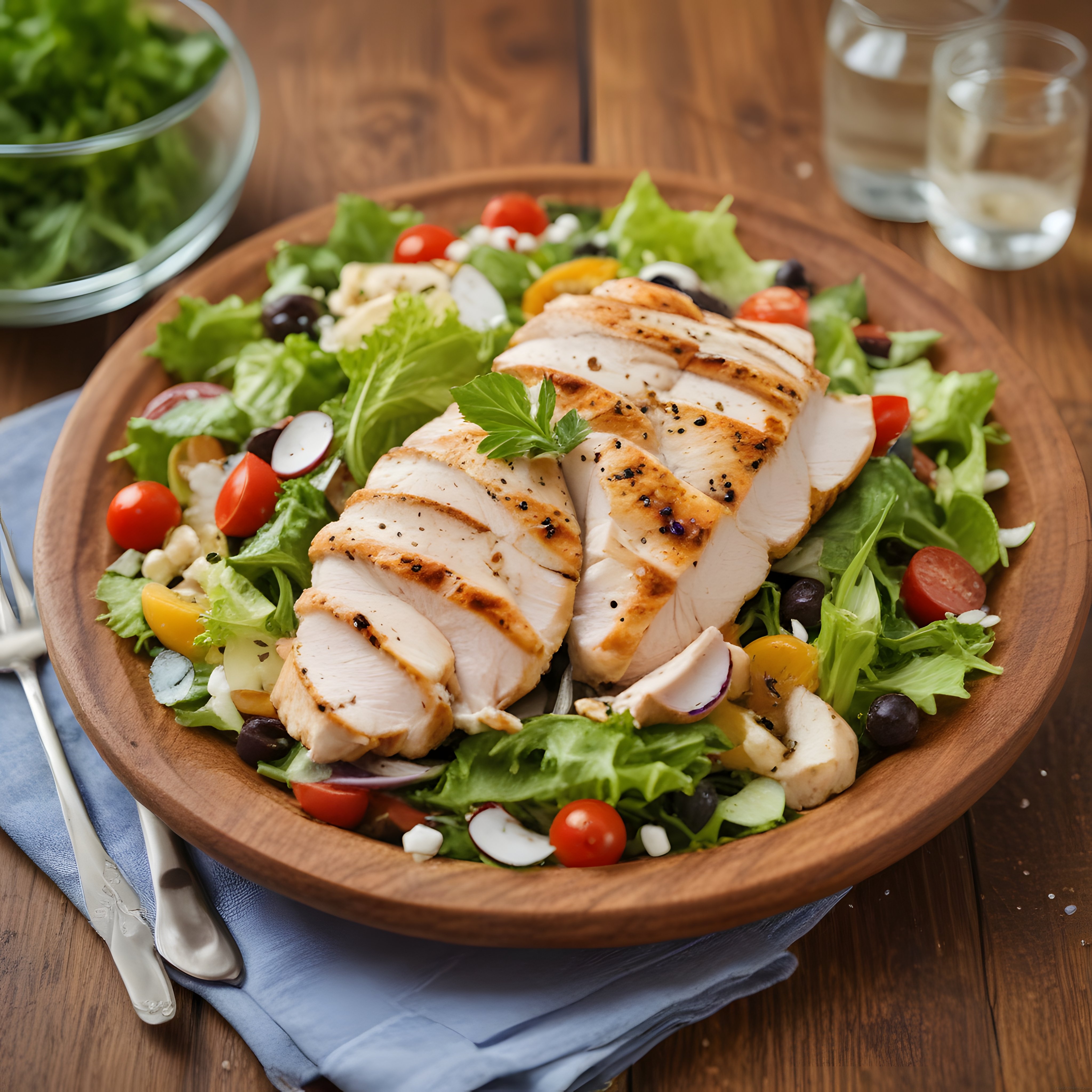 Ahşap Kasede Izgara Tavuklu ve Taptaze Yeşillikli Sağlıklı Salata Sunumu
