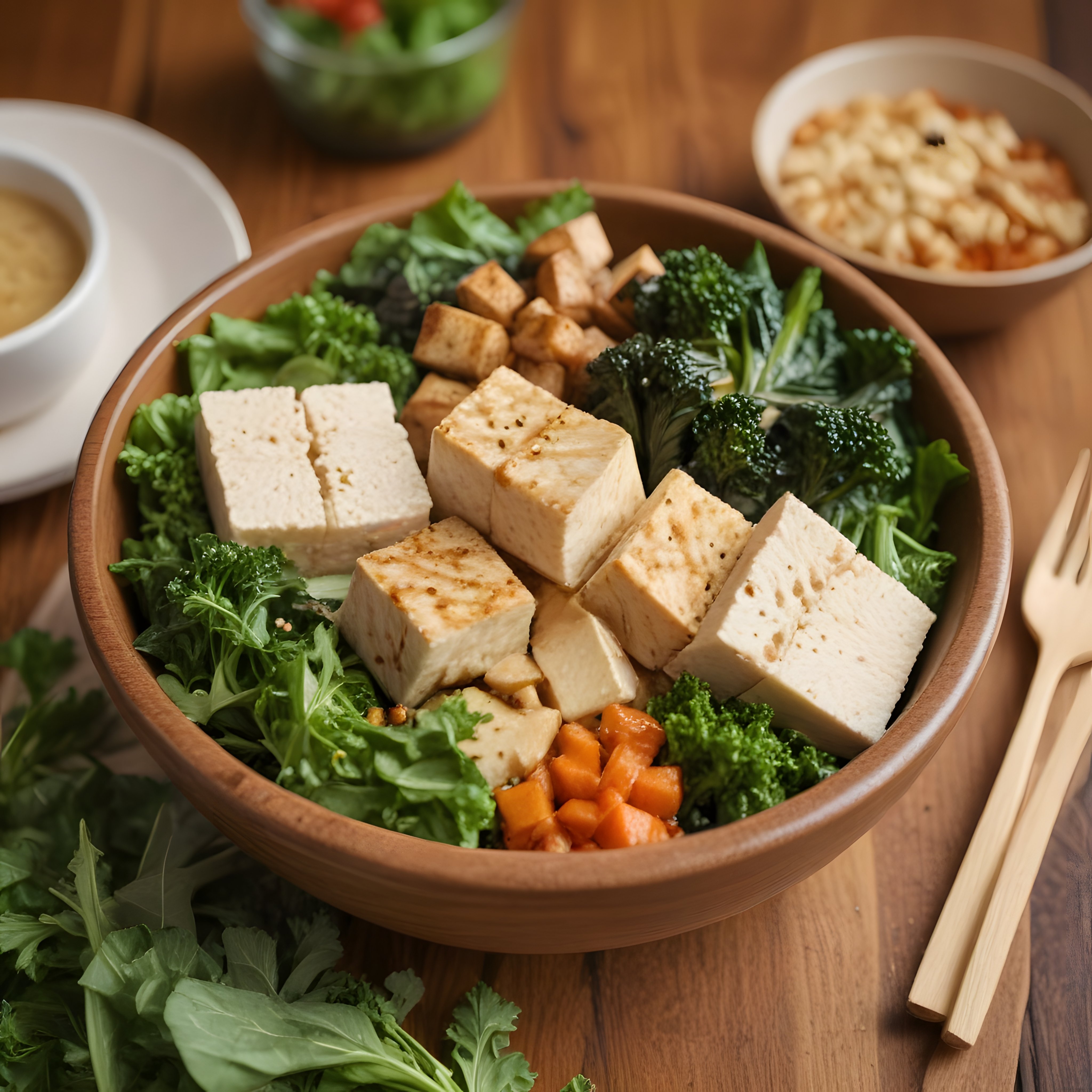 Ahşap kasede ızgara tofu ve sebzelerle hazırlanan sağlıklı vegan kase sunumu