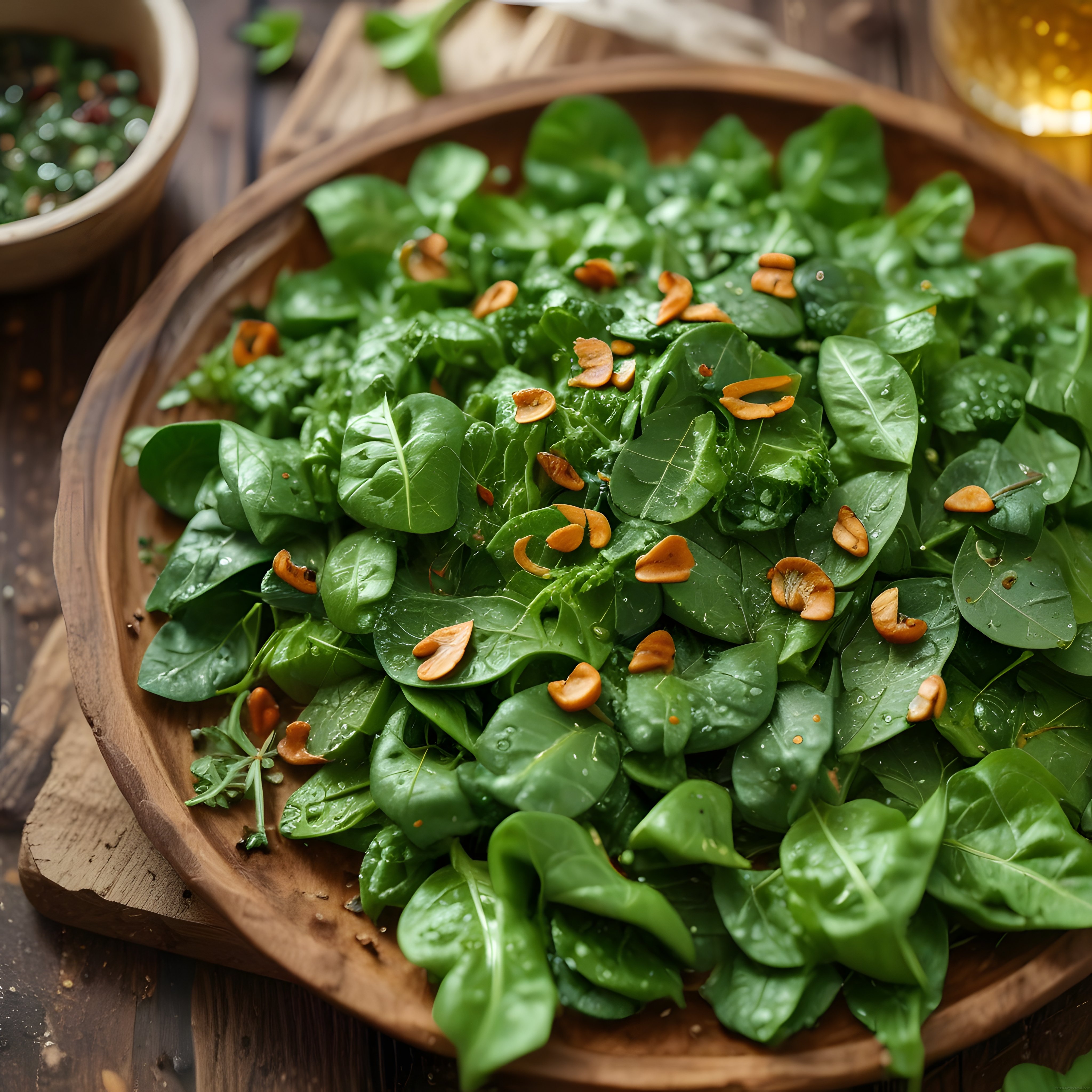 Ahşap kasede kaju fıstıklı taze ıspanak salatası, sağlıklı vegan tarif