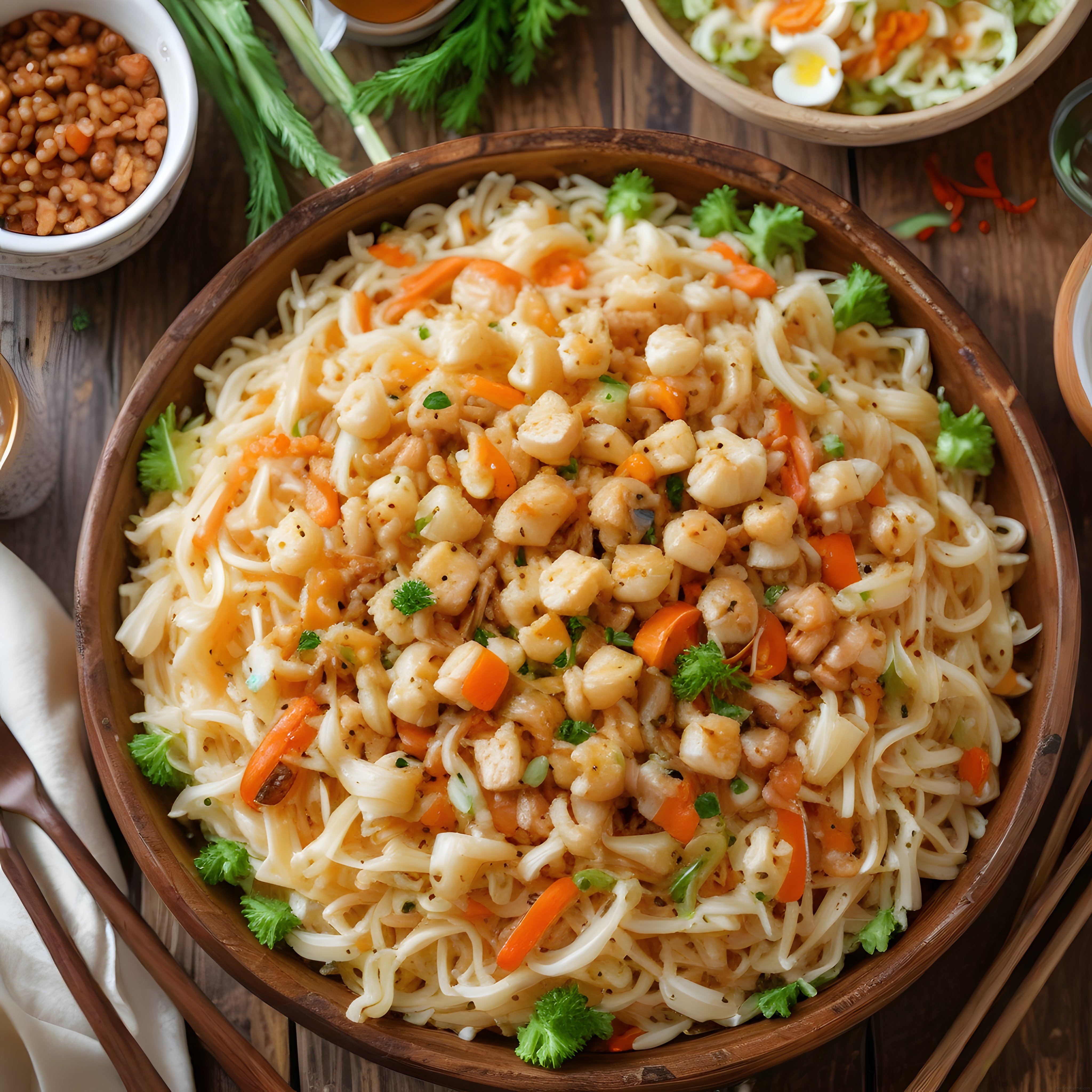 Ahşap Kasede Karidesli Sebzeli Noodle Salatası ve Asya Mutfağı Sunumu