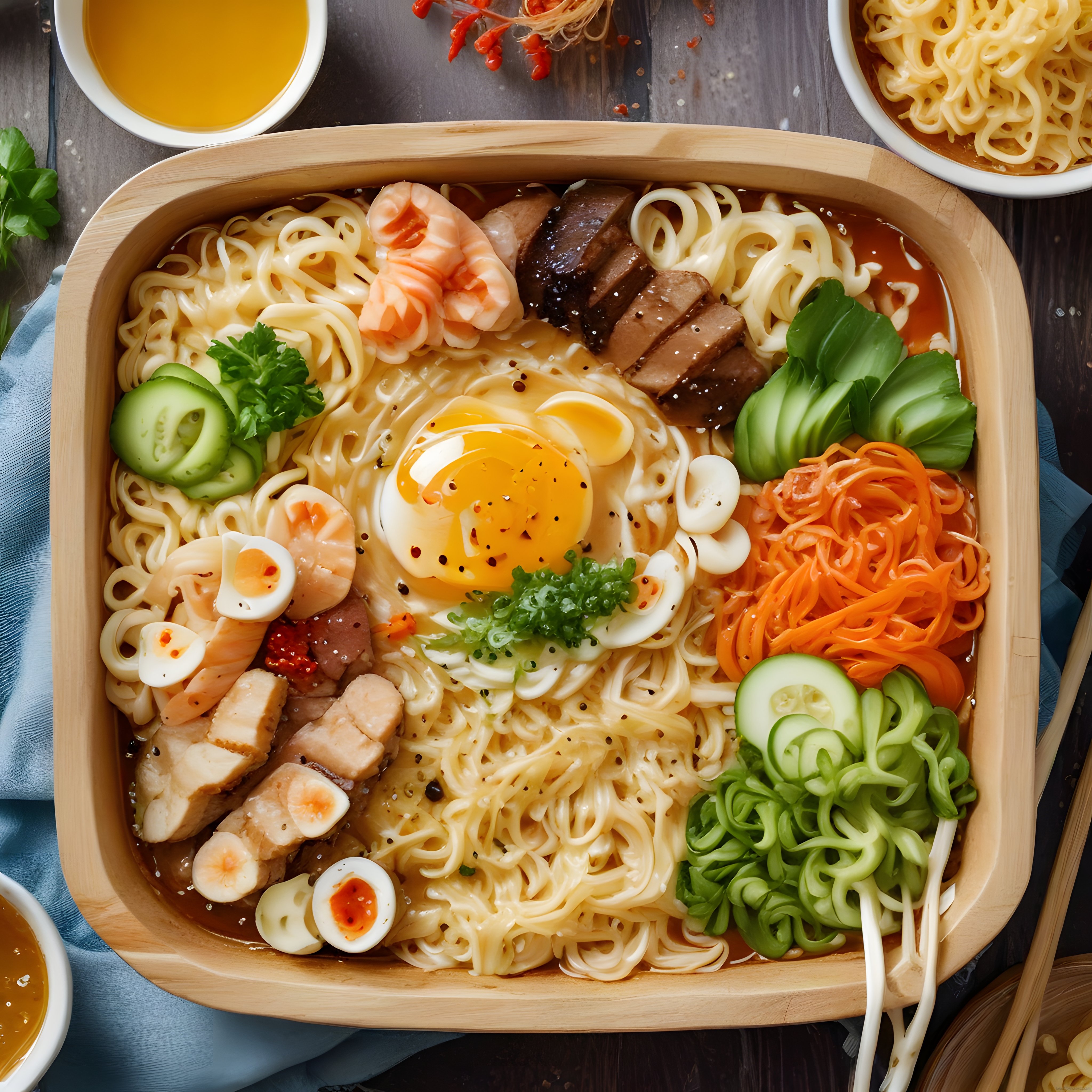 Ahşap kasede karidesli yumurtalı ve sebzeli Asya usulü noodle sunumu