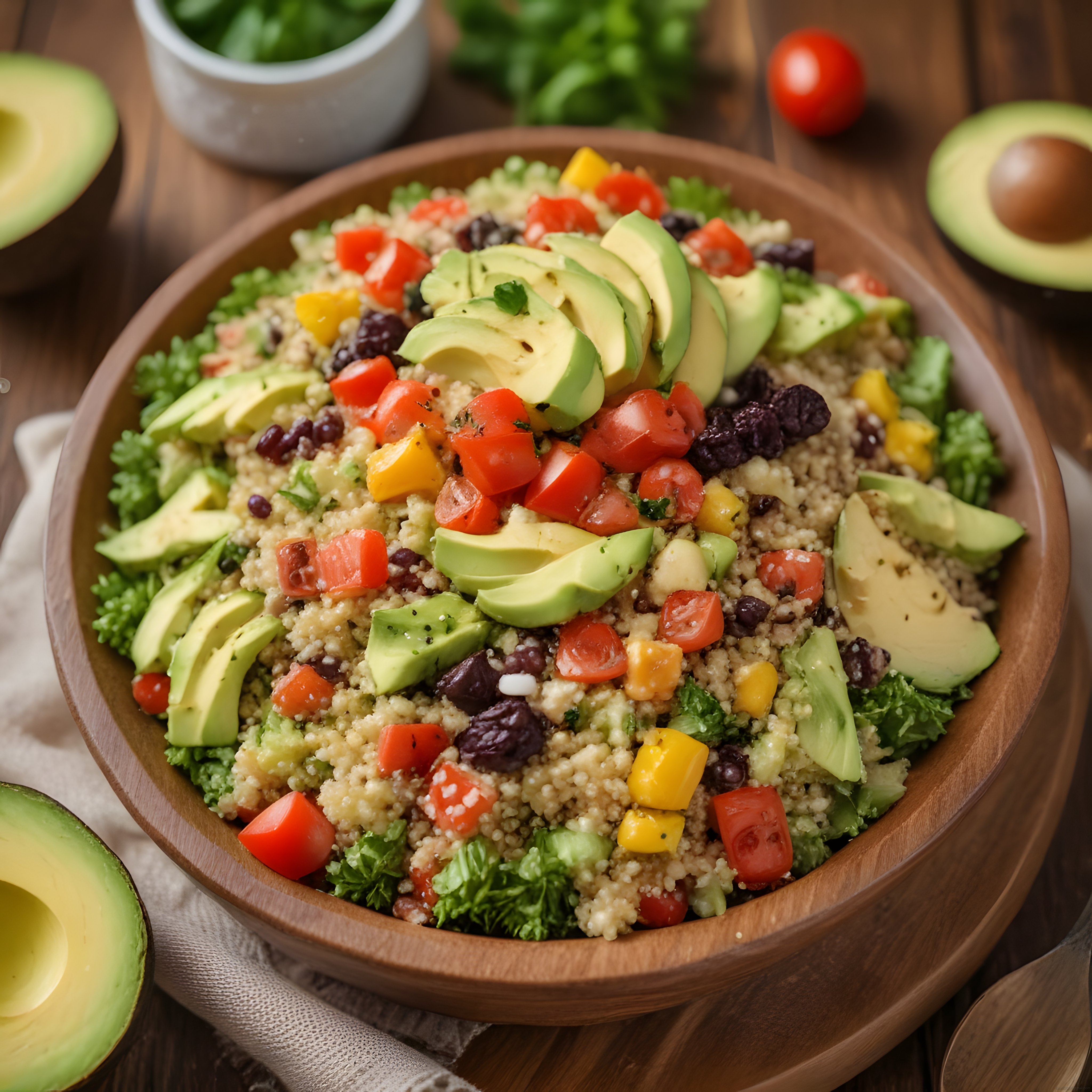 Ahşap Kasede Kinoa Avokado Siyah Fasulye ve Mangolu Sağlıklı Bowl