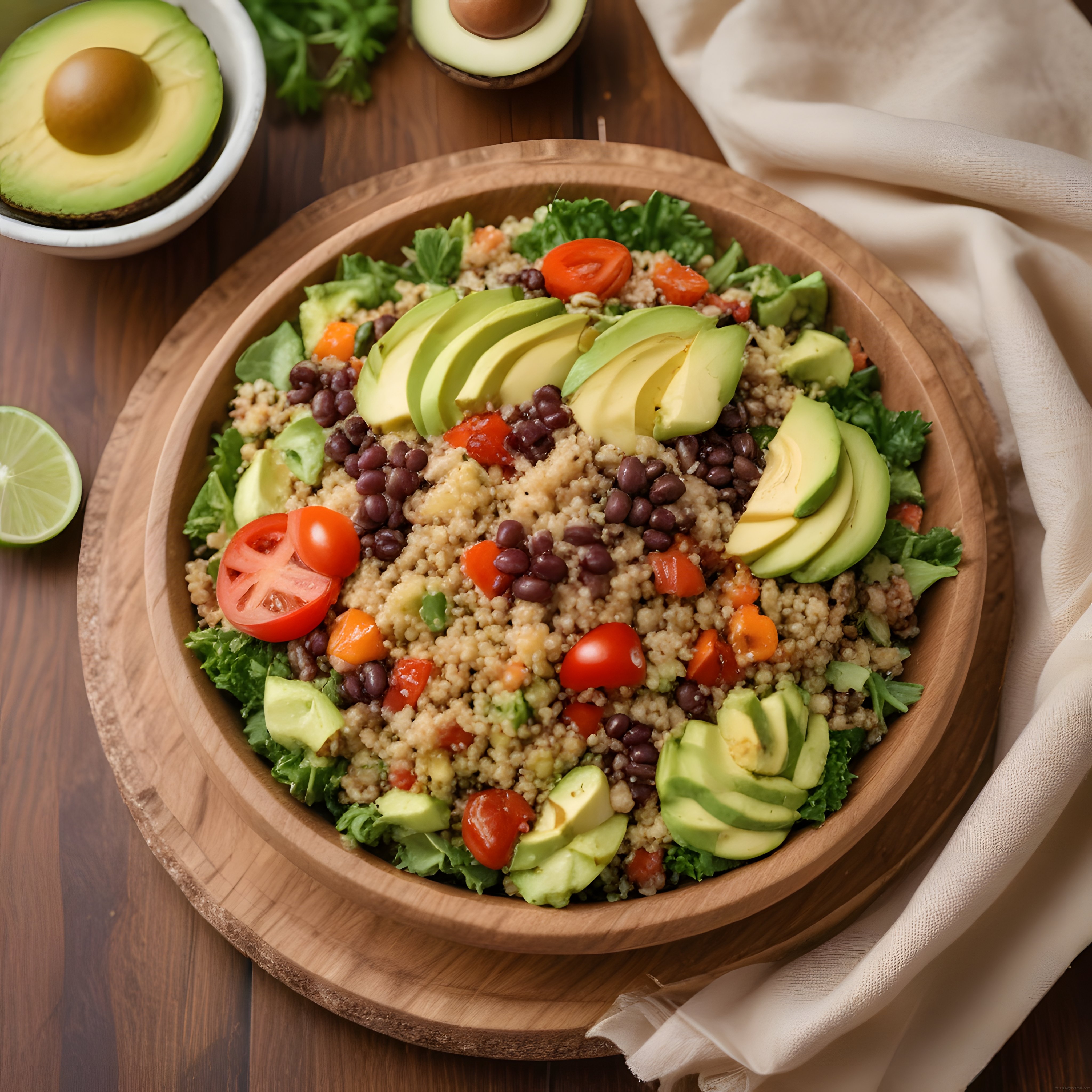 ahşap kasede kinoa avokadolu siyah fasulyeli sağlıklı bowl salata