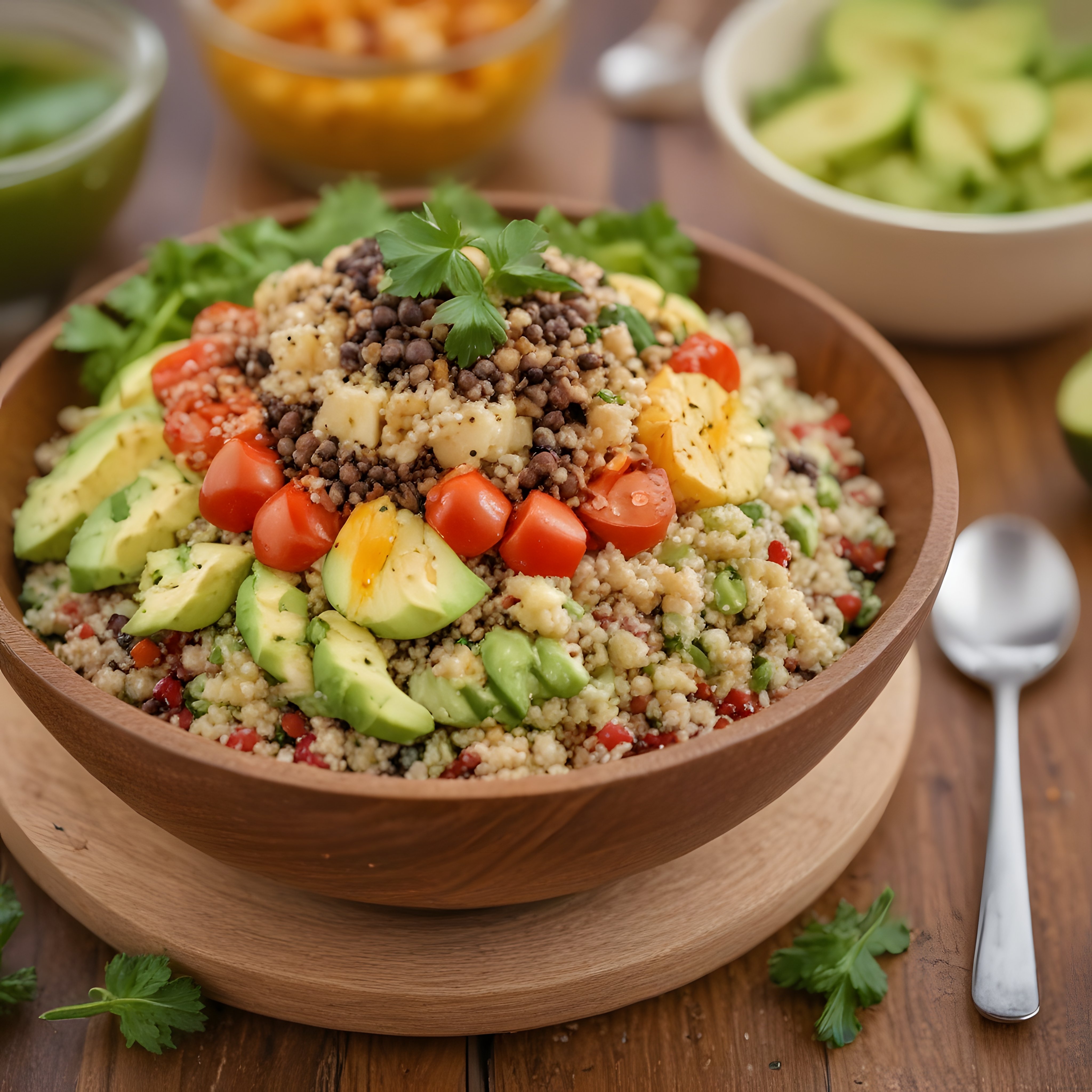 Ahşap Kasede Kinoa Mercimek Avokadolu Renkli Sağlıklı Salata Tabak Sunumu