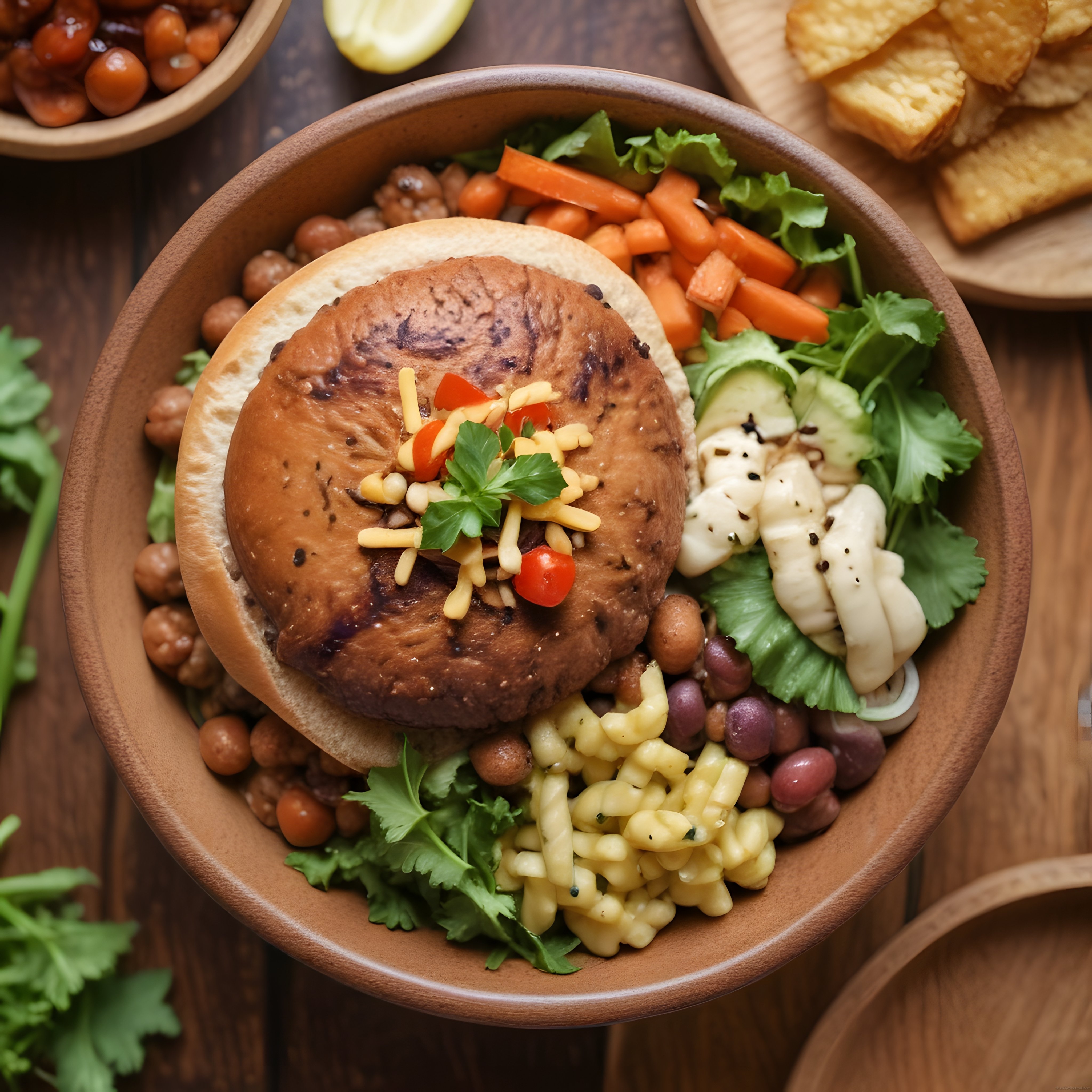 Ahşap kasede kızarmış mantar kapaklı burger bowl ve bakliyat tabağı